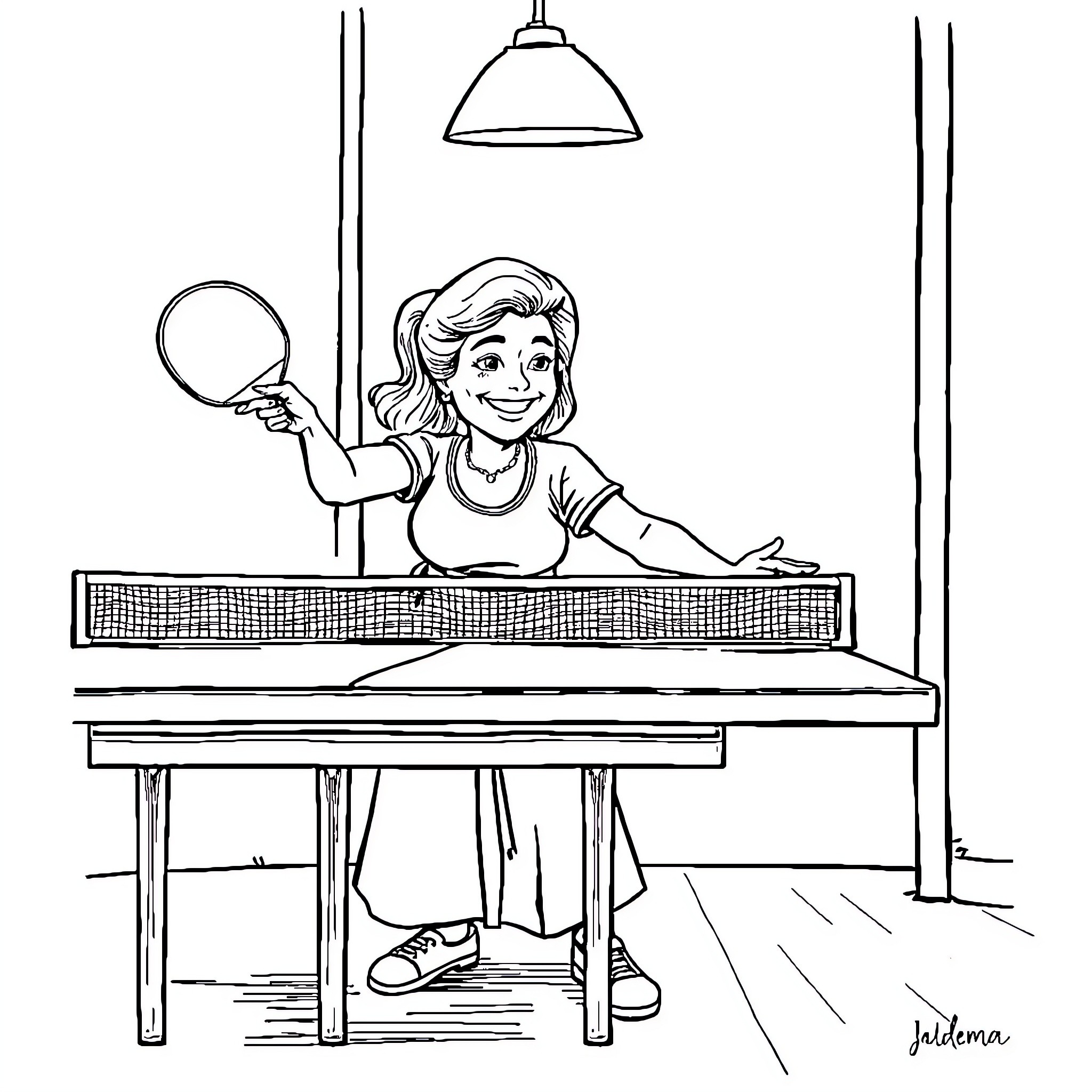 Mama enjoying a game of table tennis Coloring Page (free black-and-white line drawing printable PDF for all, from beginners to advanced learners, including children, teens, adults, and seniors)