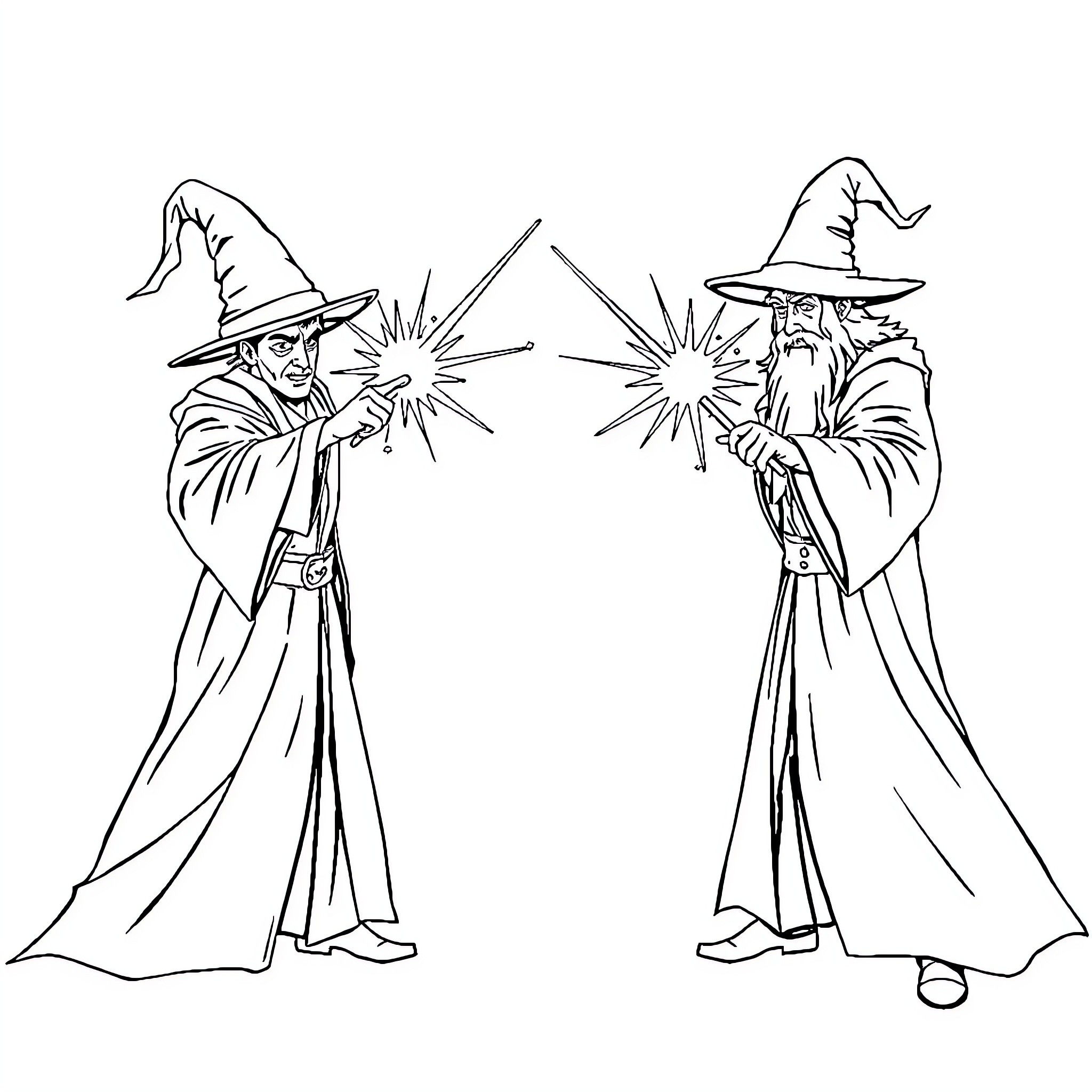 Wizard Performers Displaying Magical Abilities Coloring Page (free black-and-white line drawing printable PDF for all, from beginners to advanced learners, including children, teens, adults, and seniors)