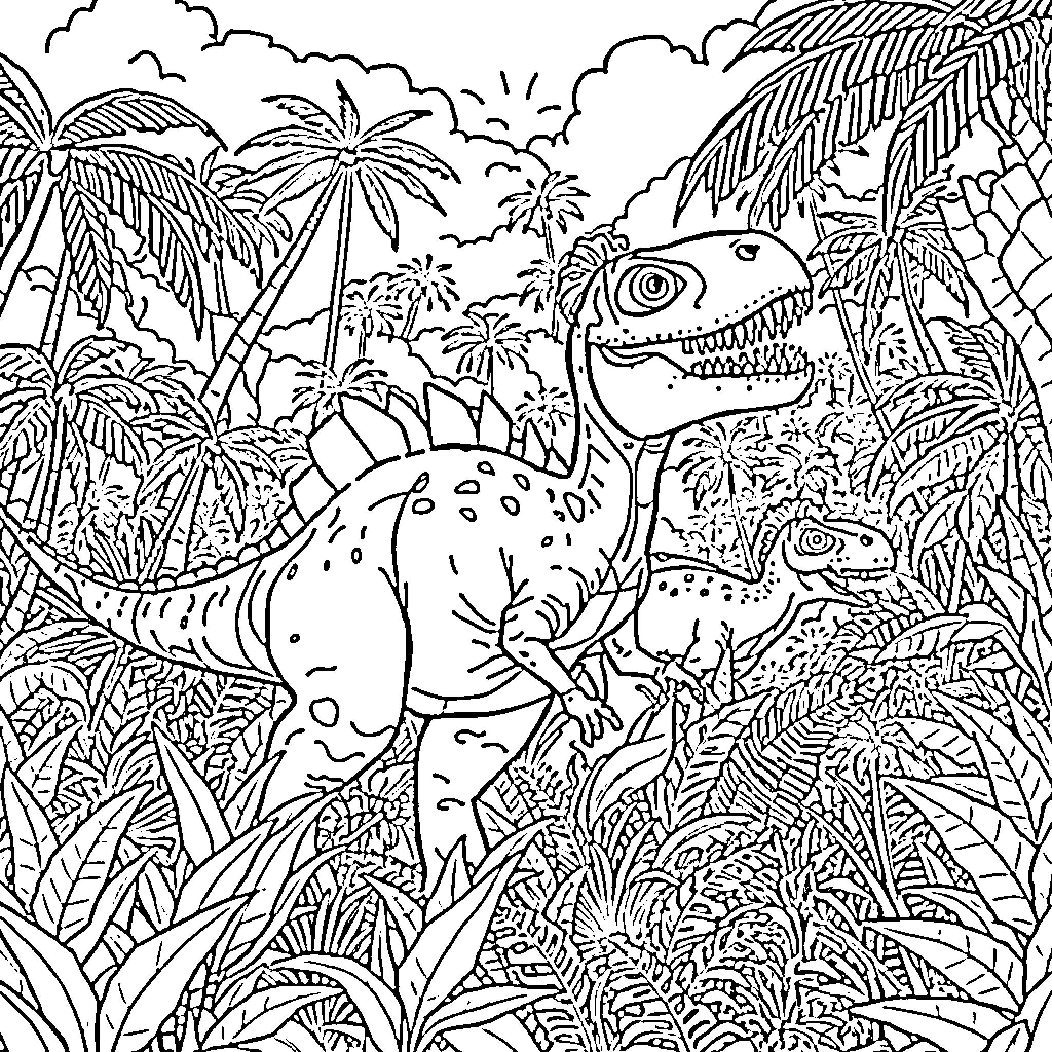 Dinosaurs Roaming in the Tropical Jungle Coloring Page (free black-and-white line drawing printable PDF for all, from beginners to advanced learners, including children, teens, adults, and seniors)