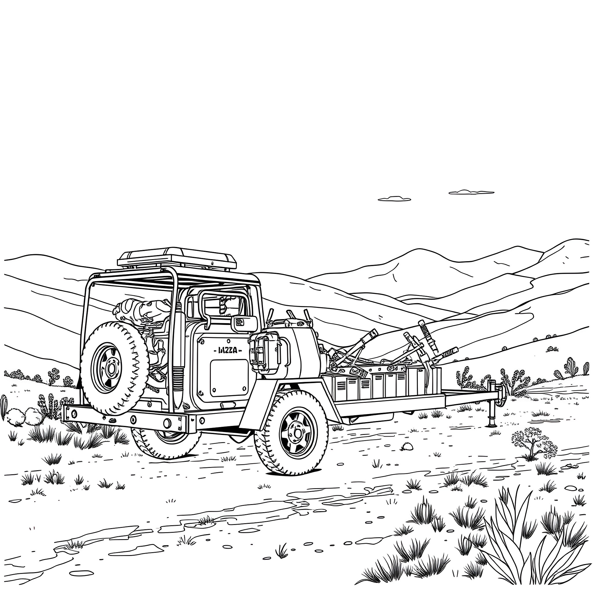 Car Trailer Traversing Rugged Mountainous Terrain Coloring Page (free black-and-white line drawing printable PDF for all, from beginners to advanced learners, including children, teens, adults, and seniors)