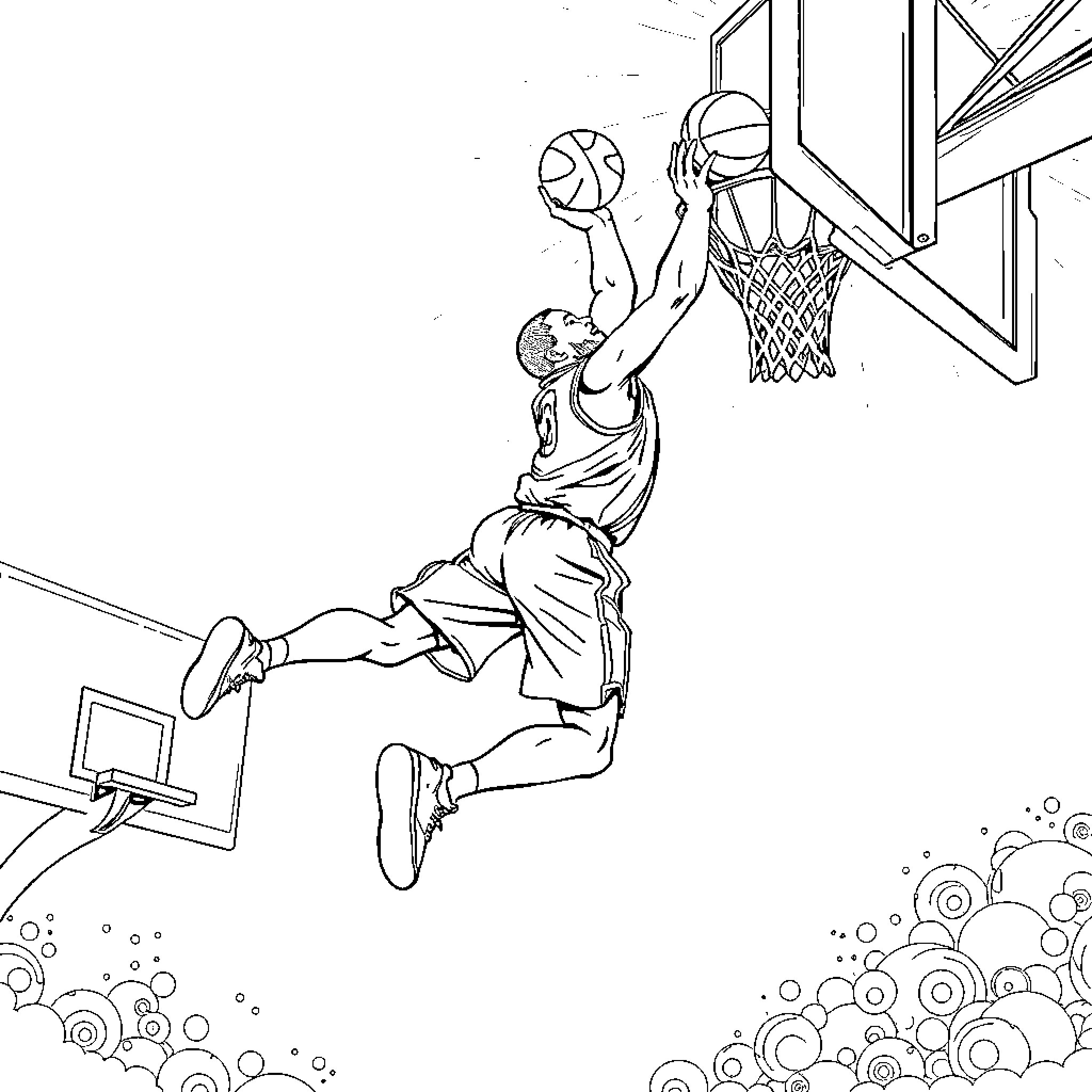 Basketball Player Making Slam Dunk Shot Coloring Page (free black-and-white line drawing printable PDF for all, from beginners to advanced learners, including children, teens, adults, and seniors)