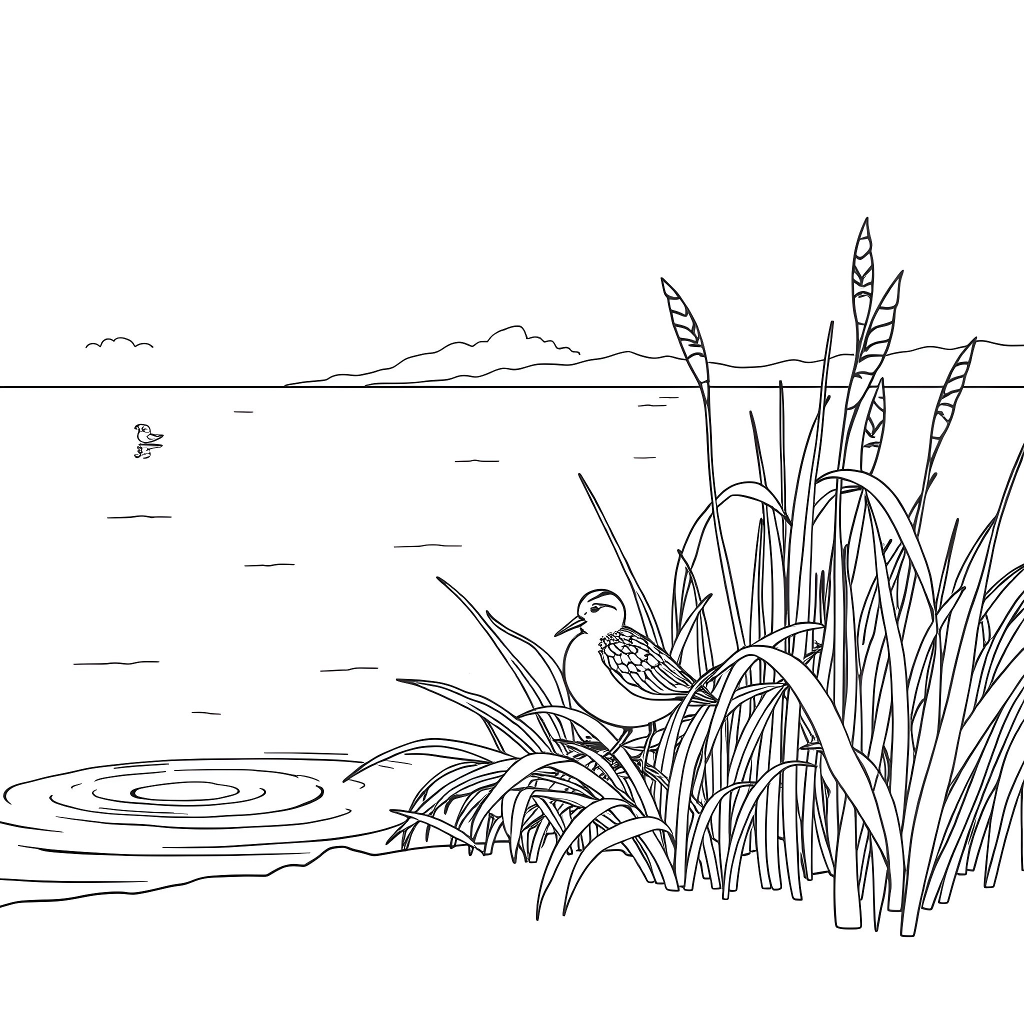Sand Piper enjoying peaceful lake scenery Coloring Page (free black-and-white line drawing printable PDF for all, from beginners to advanced learners, including children, teens, adults, and seniors)