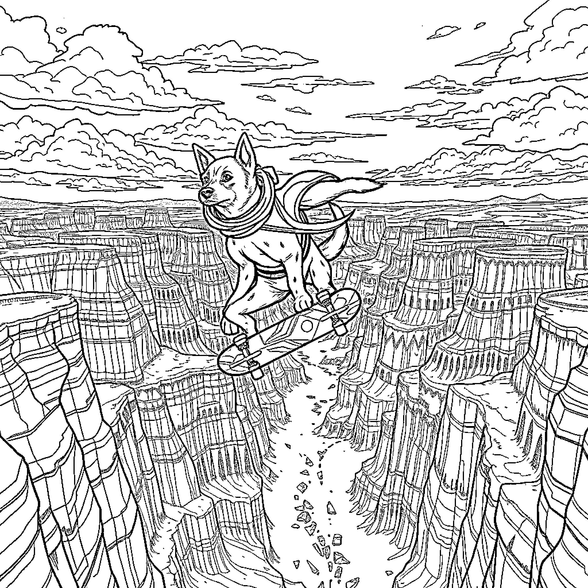 Dogman soaring over a vast city landscape Coloring Page (free black-and-white line drawing printable PDF for all, from beginners to advanced learners, including children, teens, adults, and seniors)