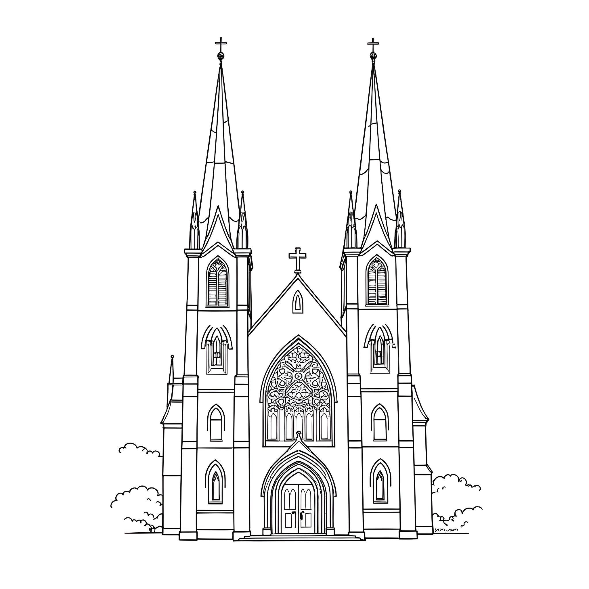 Church with Gothic architectural details Coloring Page (free black-and-white line drawing printable PDF for all, from beginners to advanced learners, including children, teens, adults, and seniors)