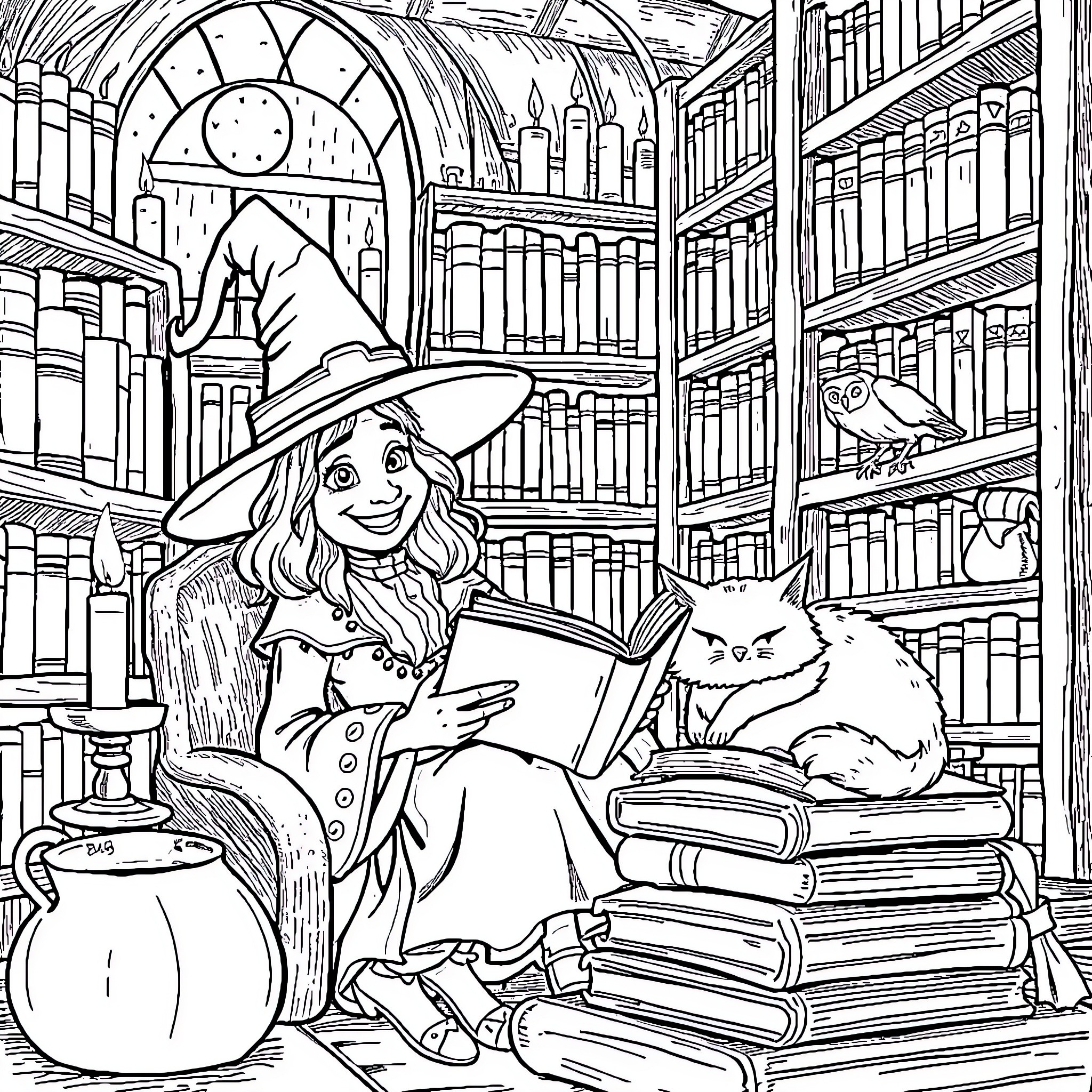 Witch reading books in a magical library Coloring Page (free black-and-white line drawing printable PDF for all, from beginners to advanced learners, including children, teens, adults, and seniors)