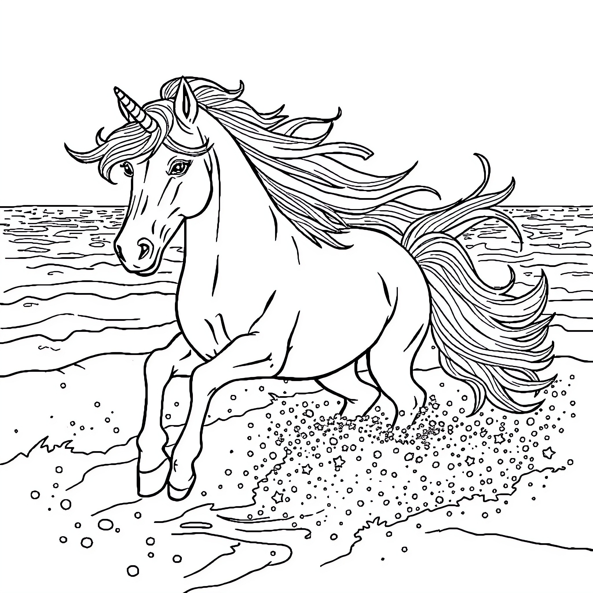 Unicorn galloping through magical meadow Coloring Page (free black-and-white line drawing printable PDF for all, from beginners to advanced learners, including children, teens, adults, and seniors)
