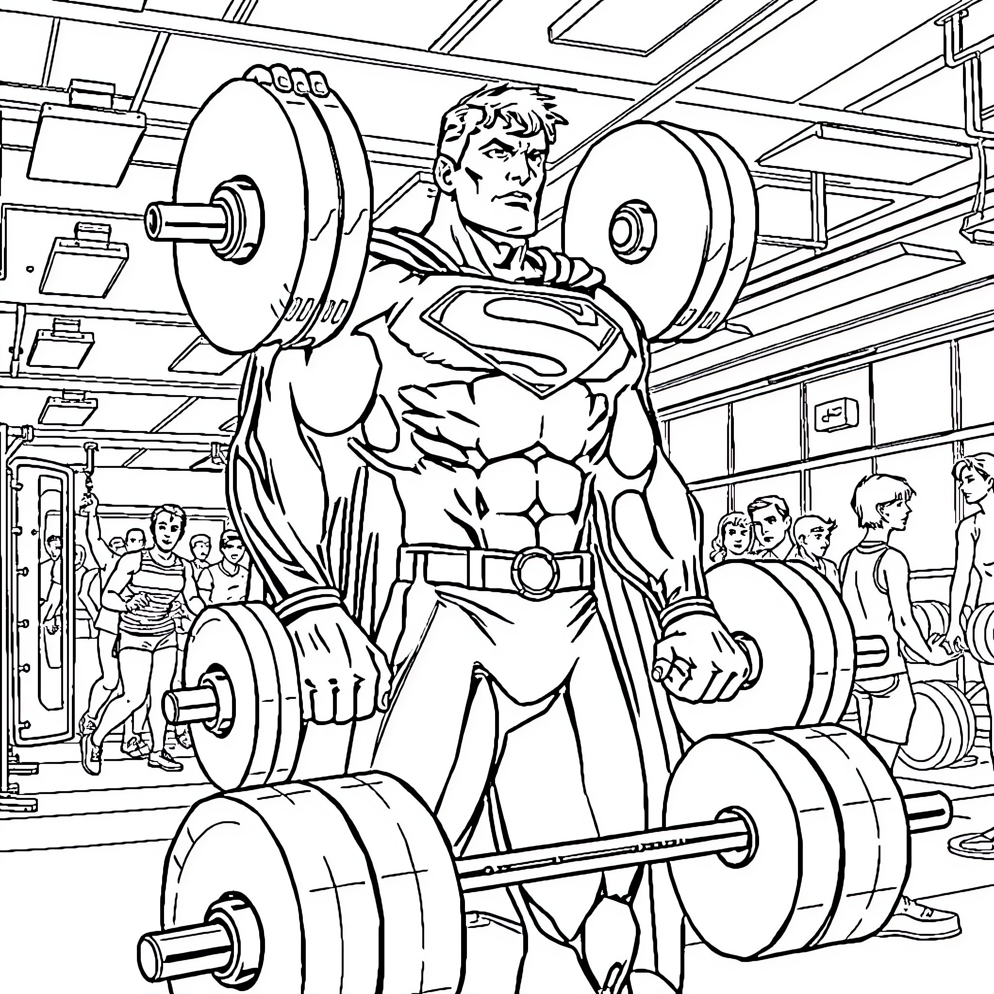 Superman lifts heavy weights in the gym Coloring Page (free black-and-white line drawing printable PDF for all, from beginners to advanced learners, including children, teens, adults, and seniors)