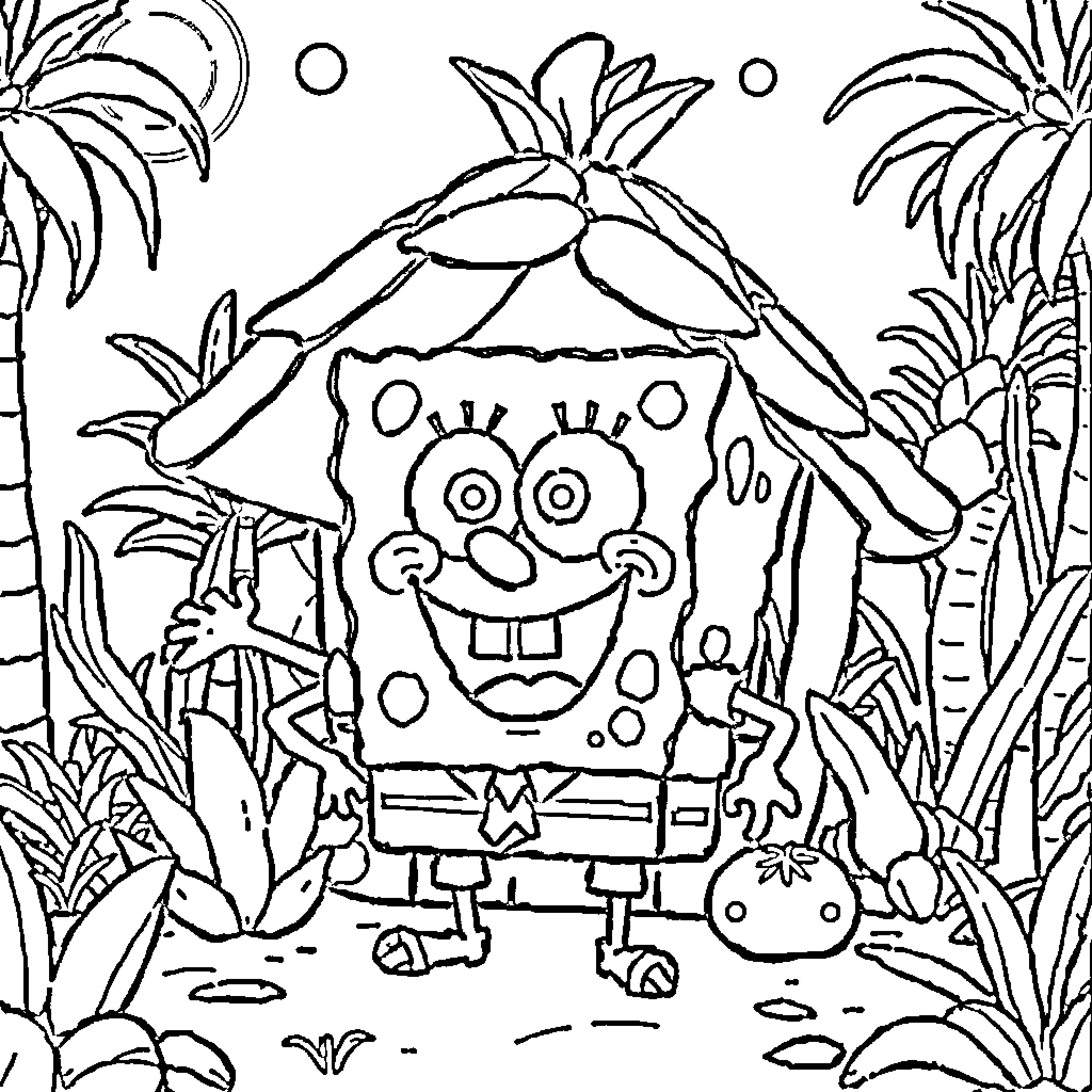 Spongebob's Tropical Adventure Coloring Page (free black-and-white line drawing printable PDF for all, from beginners to advanced learners, including children, teens, adults, and seniors)