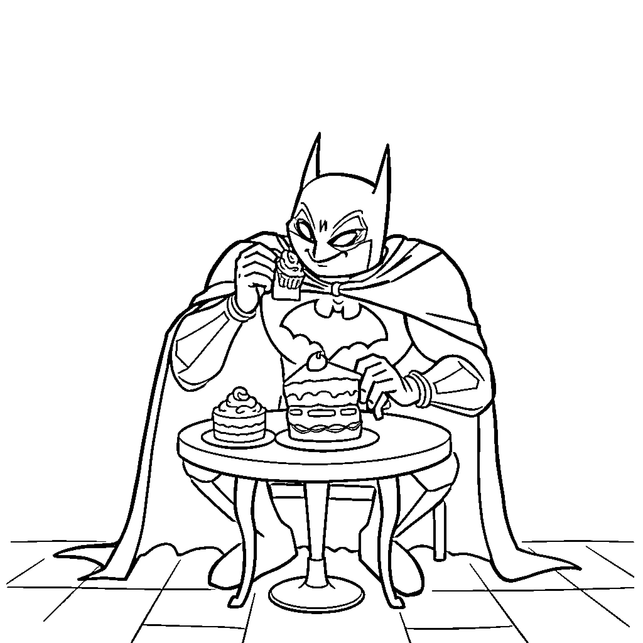 Batman Enjoying Cake at a Table Coloring Page (free black-and-white line drawing printable PDF for all, from beginners to advanced learners, including children, teens, adults, and seniors)