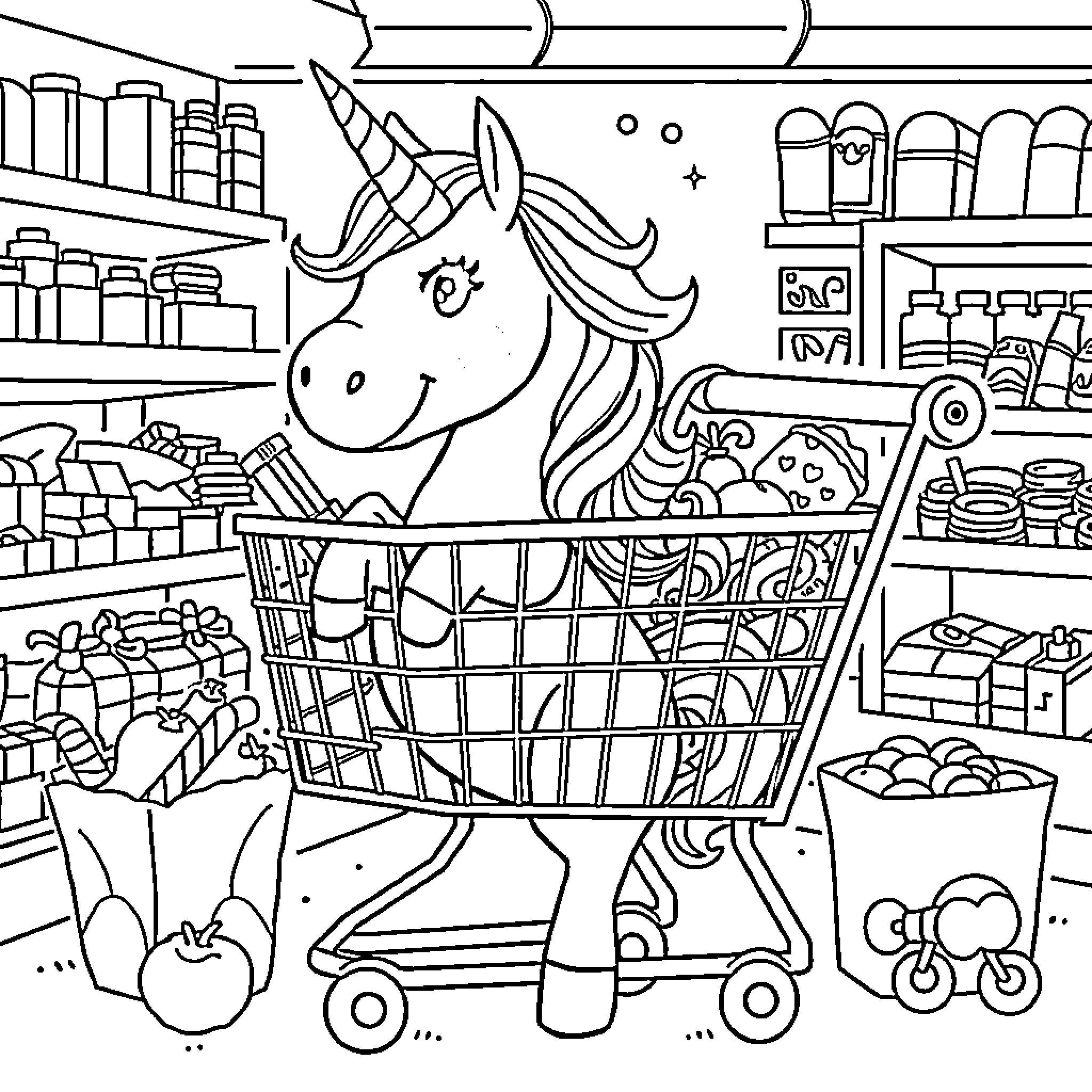 Unicorn Shopping in a Magical Supermarket Coloring Page (free black-and-white line drawing printable PDF for all, from beginners to advanced learners, including children, teens, adults, and seniors)