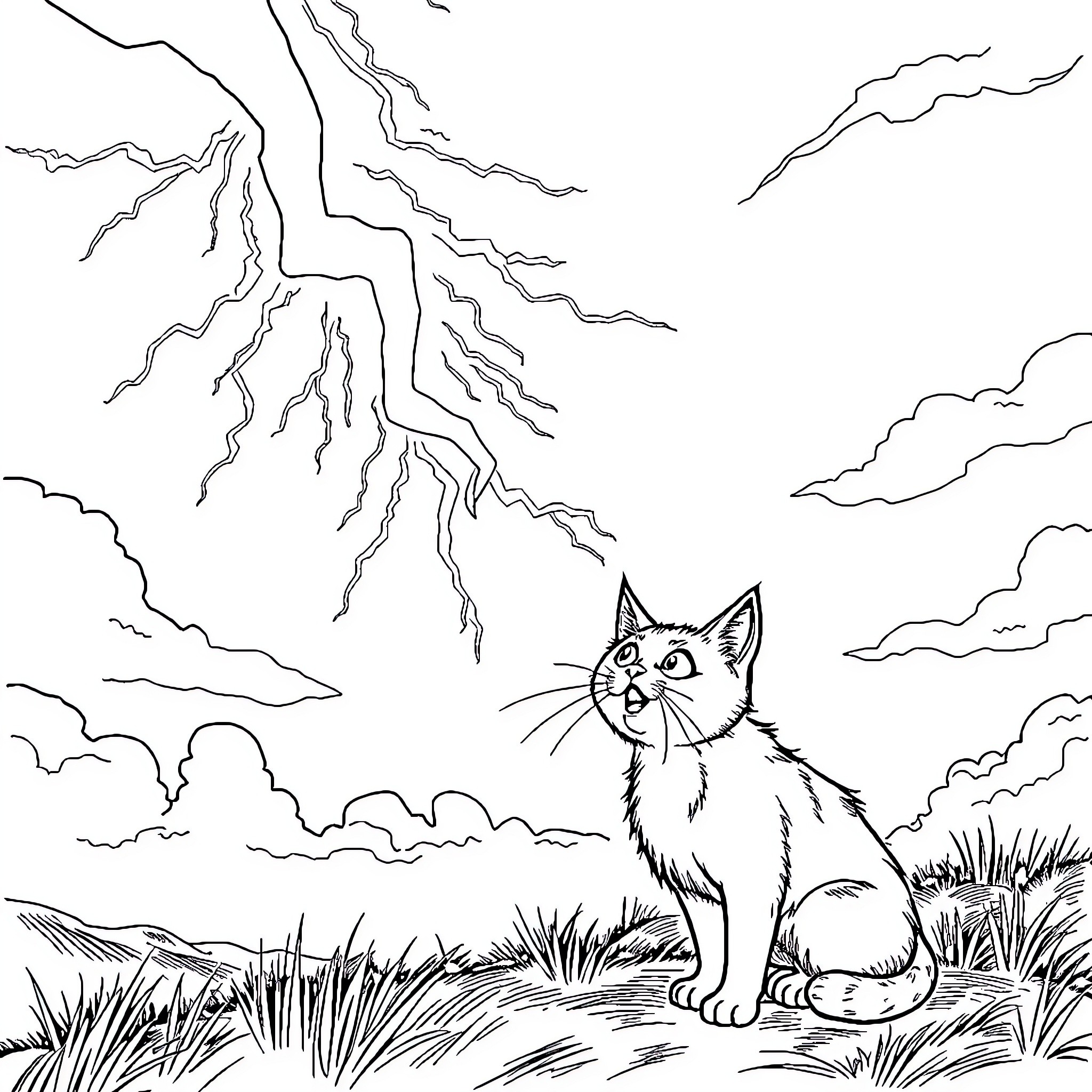 Cat observing stormy skies in nature Coloring Page (free black-and-white line drawing printable PDF for all, from beginners to advanced learners, including children, teens, adults, and seniors)
