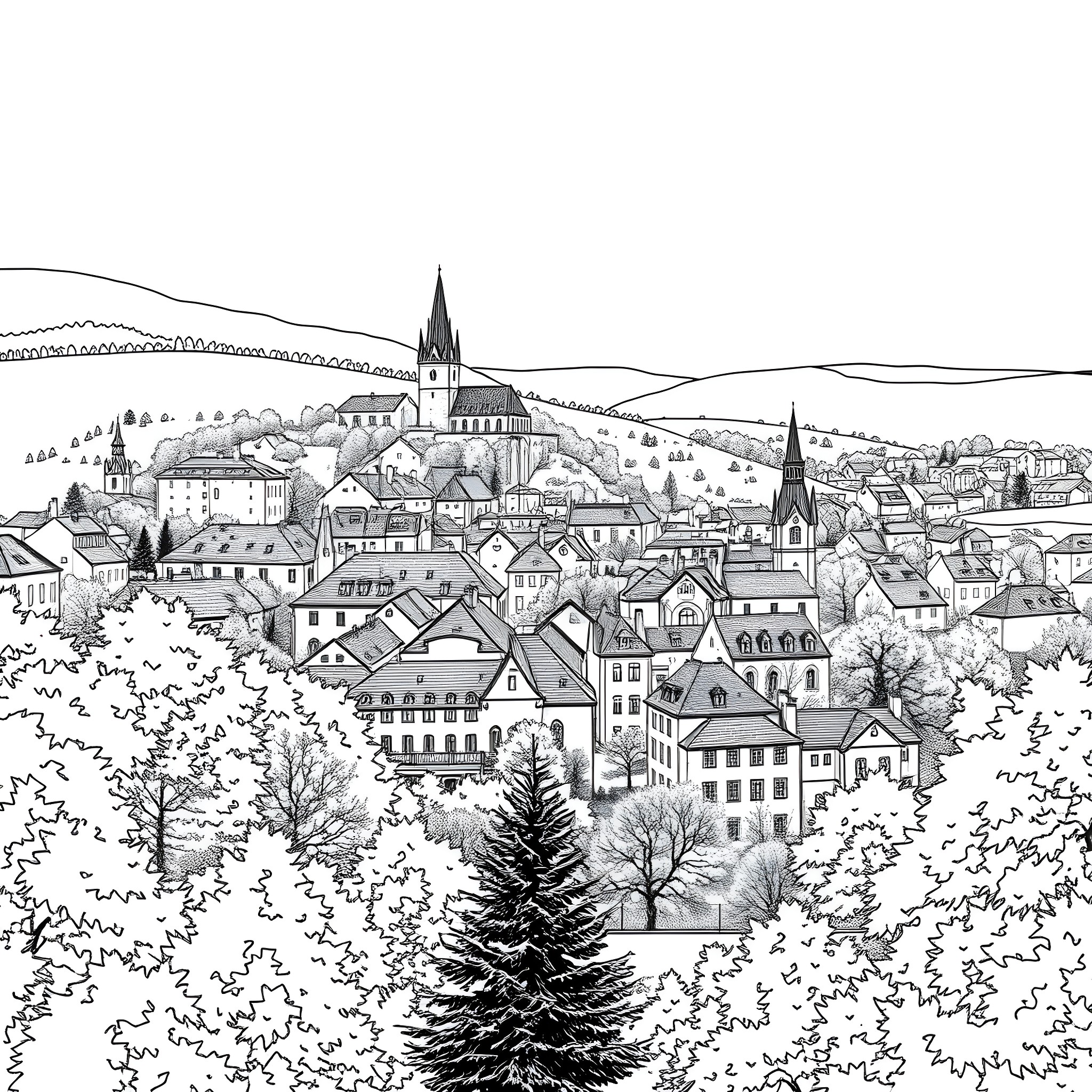 Százhalombatta: Charming Town Nestled in the Hills Coloring Page (free black-and-white line drawing printable PDF for all, from beginners to advanced learners, including children, teens, adults, and seniors)