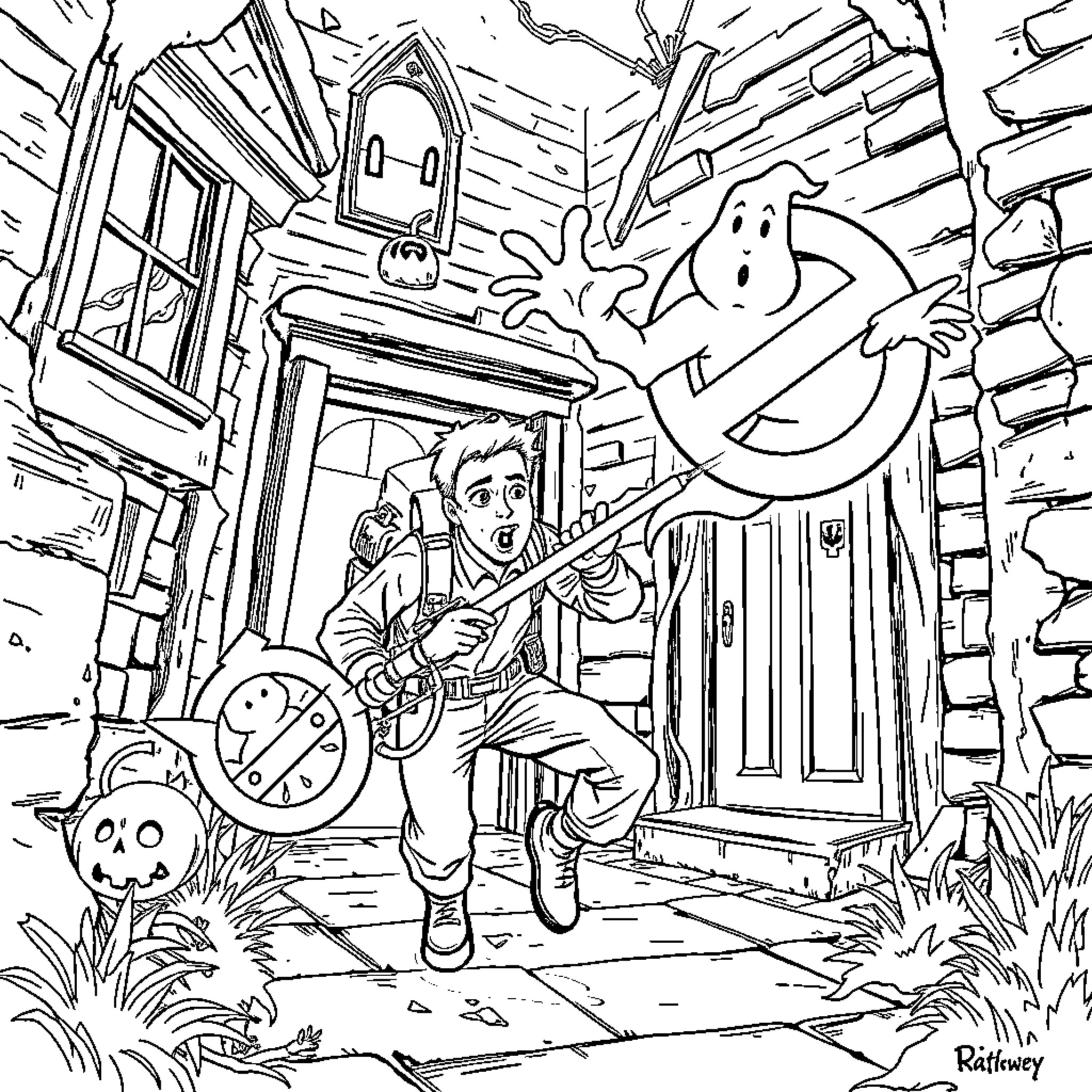 Ghostbuster chasing a ghost in an old house Coloring Page (free black-and-white line drawing printable PDF for all, from beginners to advanced learners, including children, teens, adults, and seniors)