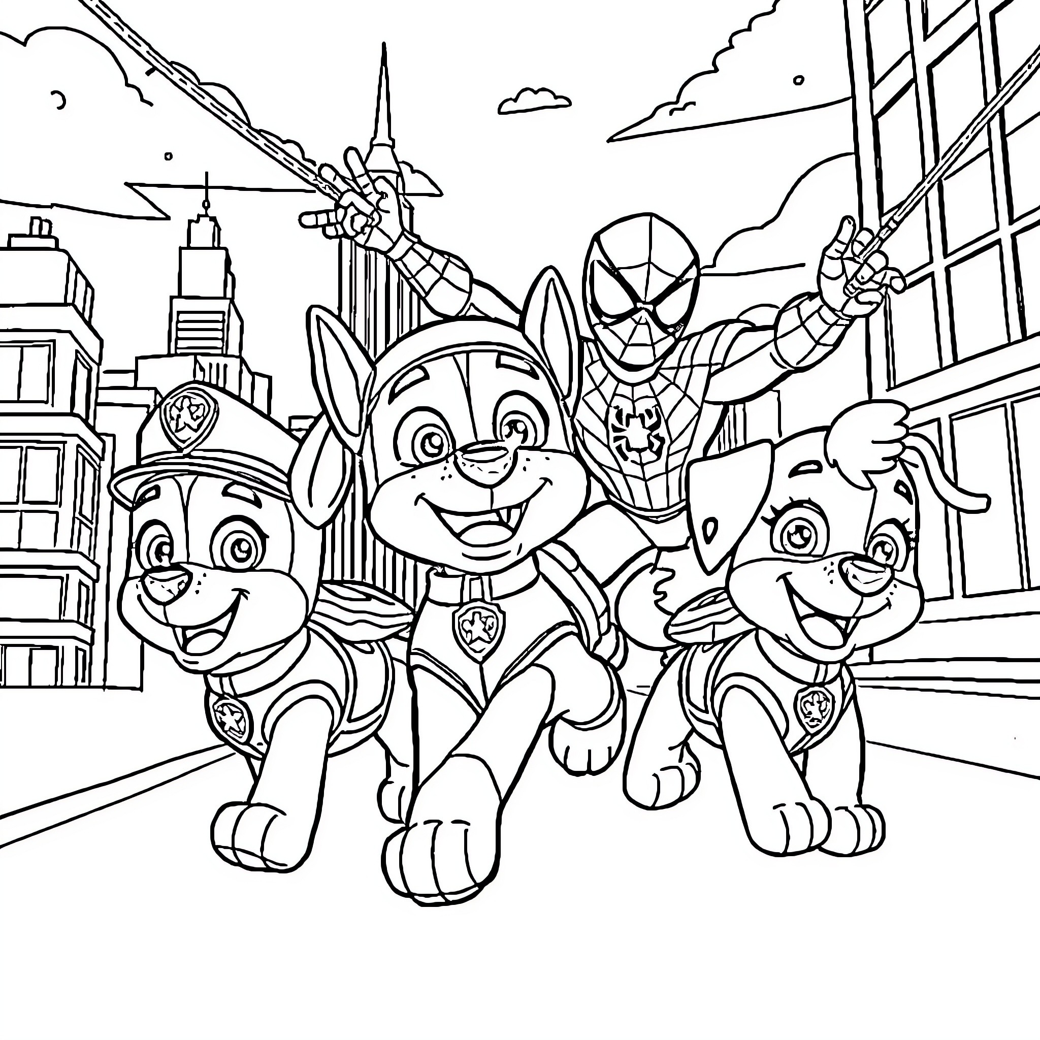 Dog heroes save the day in the city Coloring Page (free black-and-white line drawing printable PDF for all, from beginners to advanced learners, including children, teens, adults, and seniors)