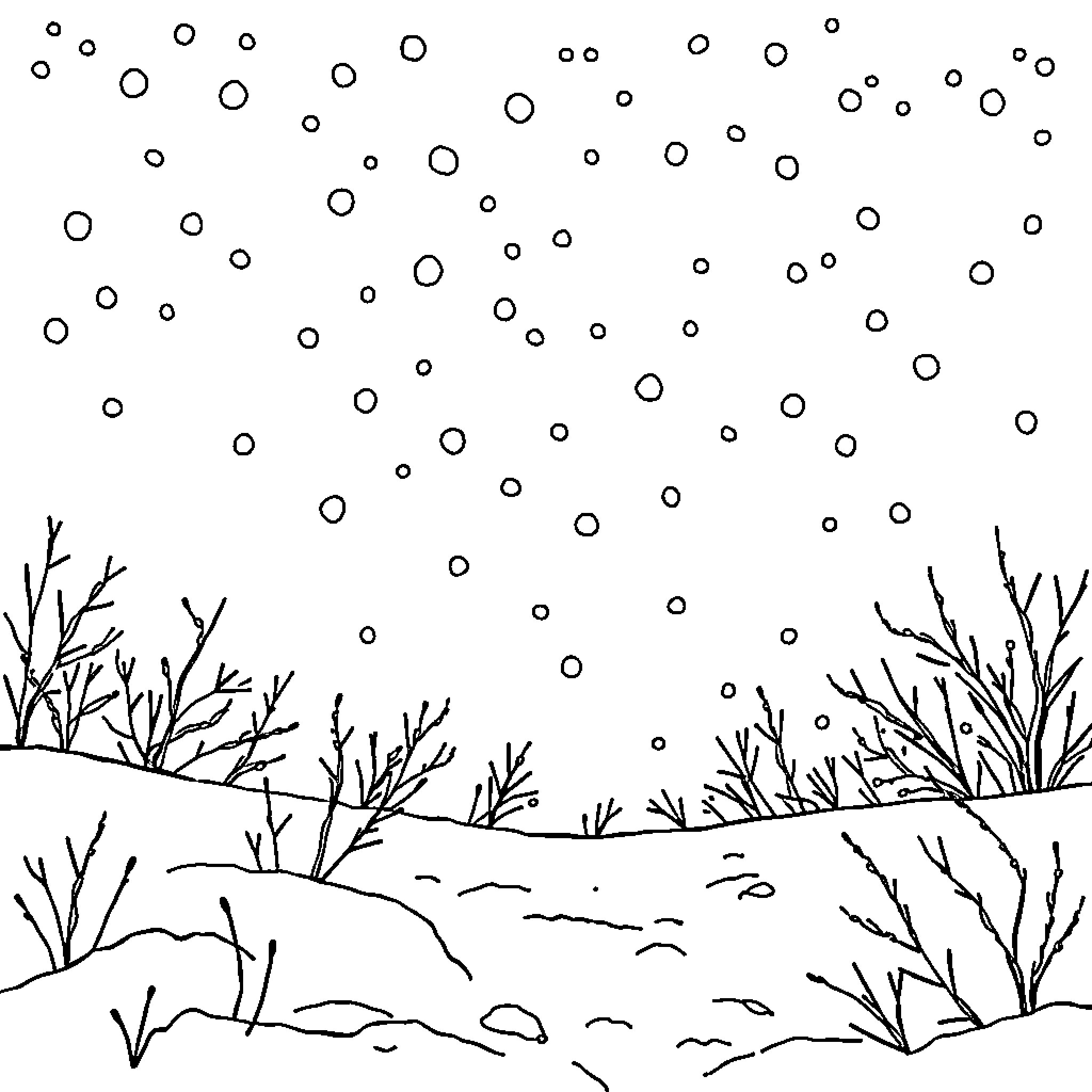 Winter Landscape with Falling Snow Coloring Page (free black-and-white line drawing printable PDF for all, from beginners to advanced learners, including children, teens, adults, and seniors)