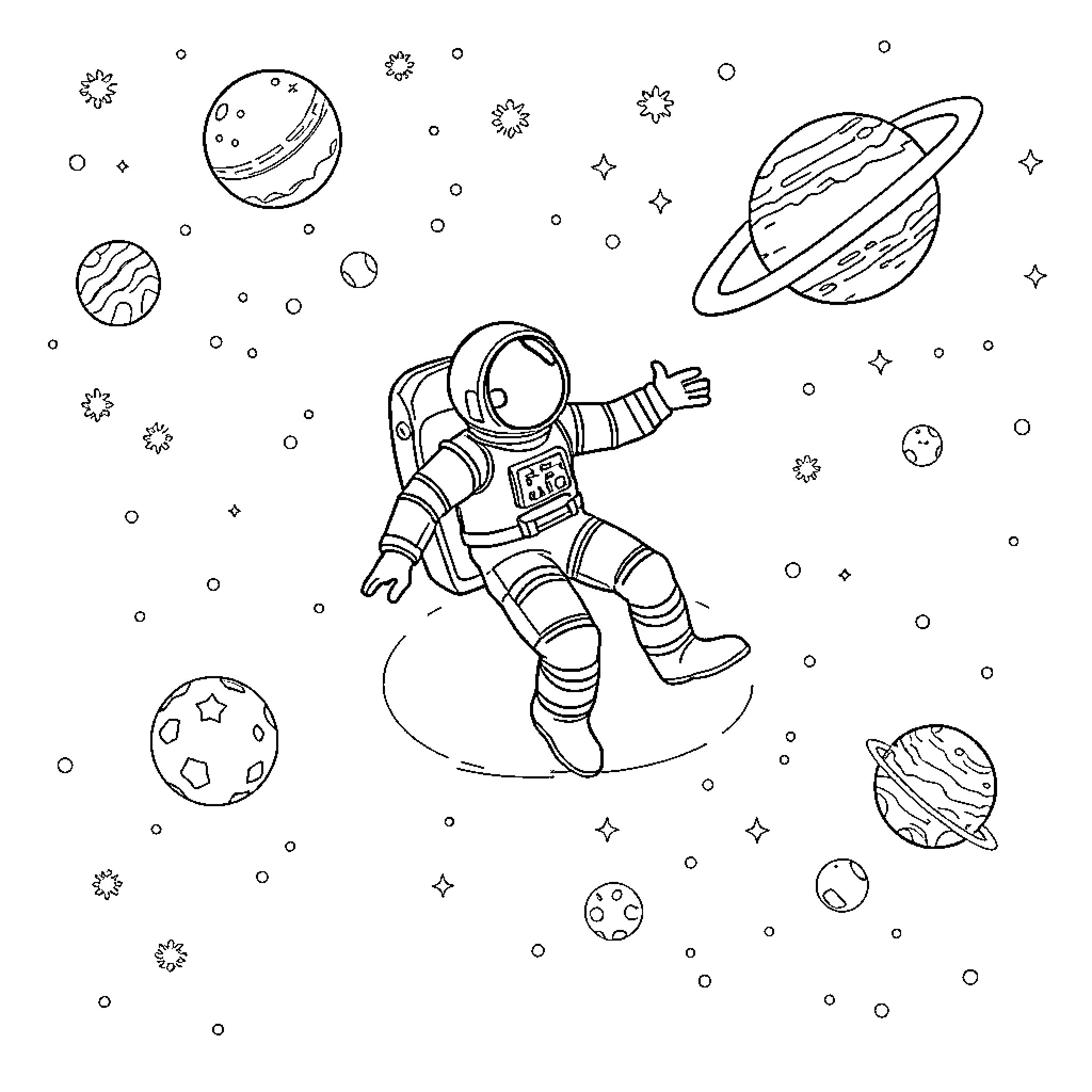 Astronaut floating in space among planets Coloring Page (free black-and-white line drawing printable PDF for all, from beginners to advanced learners, including children, teens, adults, and seniors)