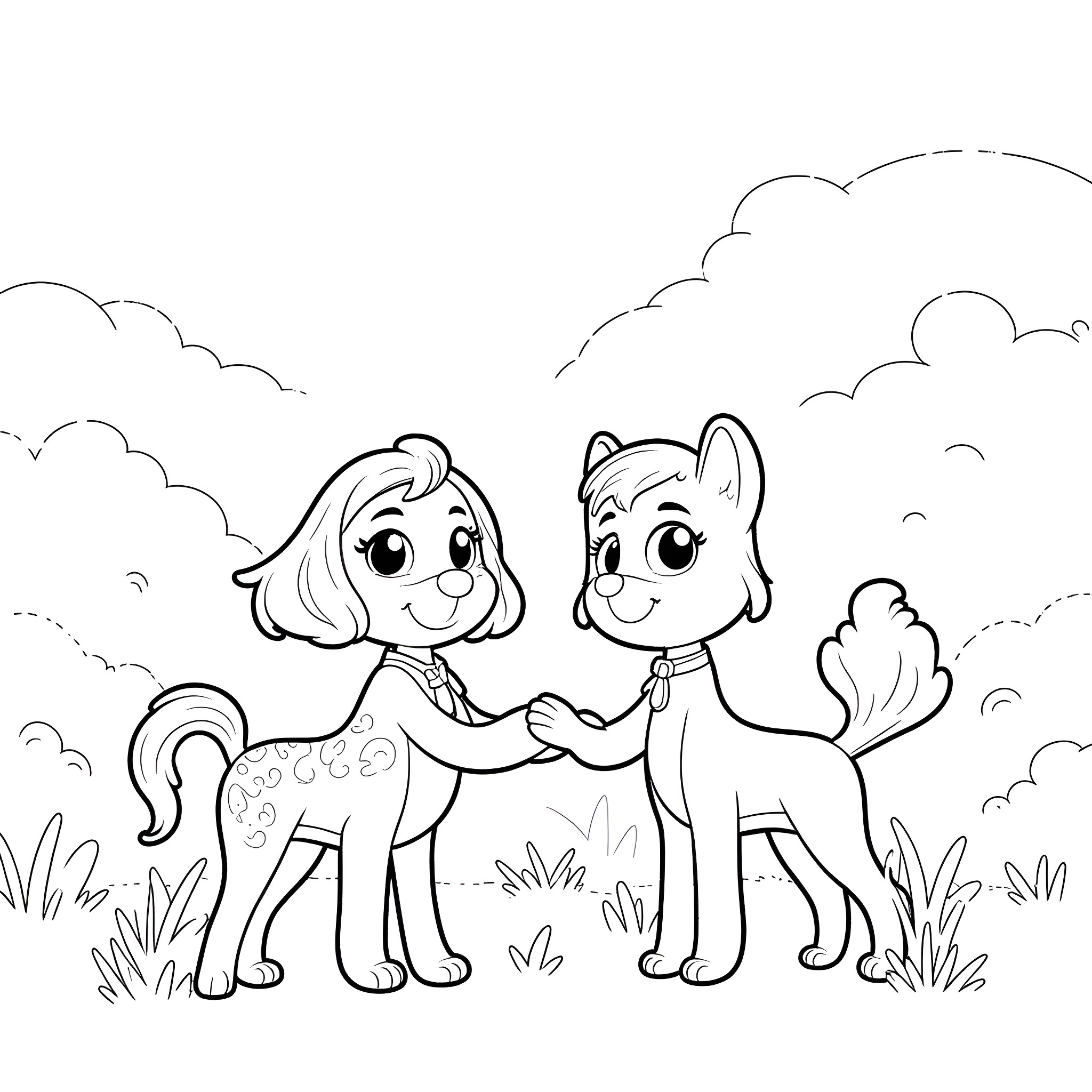 Rosie and her furry friend explore the outdoors Coloring Page (free black-and-white line drawing printable PDF for all, from beginners to advanced learners, including children, teens, adults, and seniors)