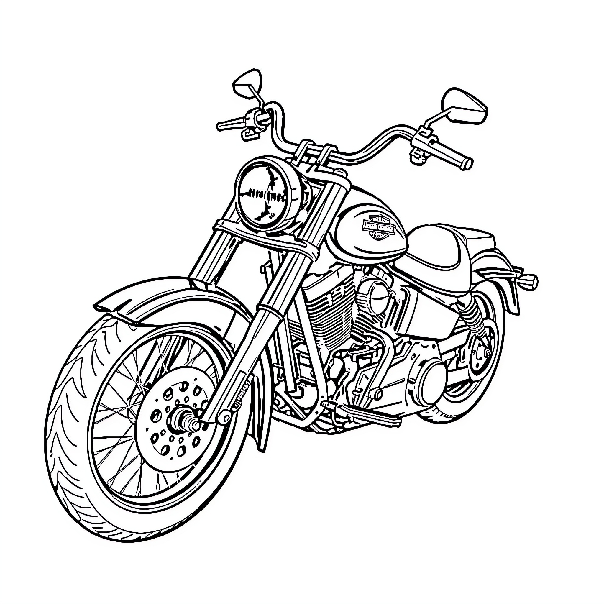 Harley Davidson motorcycle in black and white Coloring Page (free black-and-white line drawing printable PDF for all, from beginners to advanced learners, including children, teens, adults, and seniors)