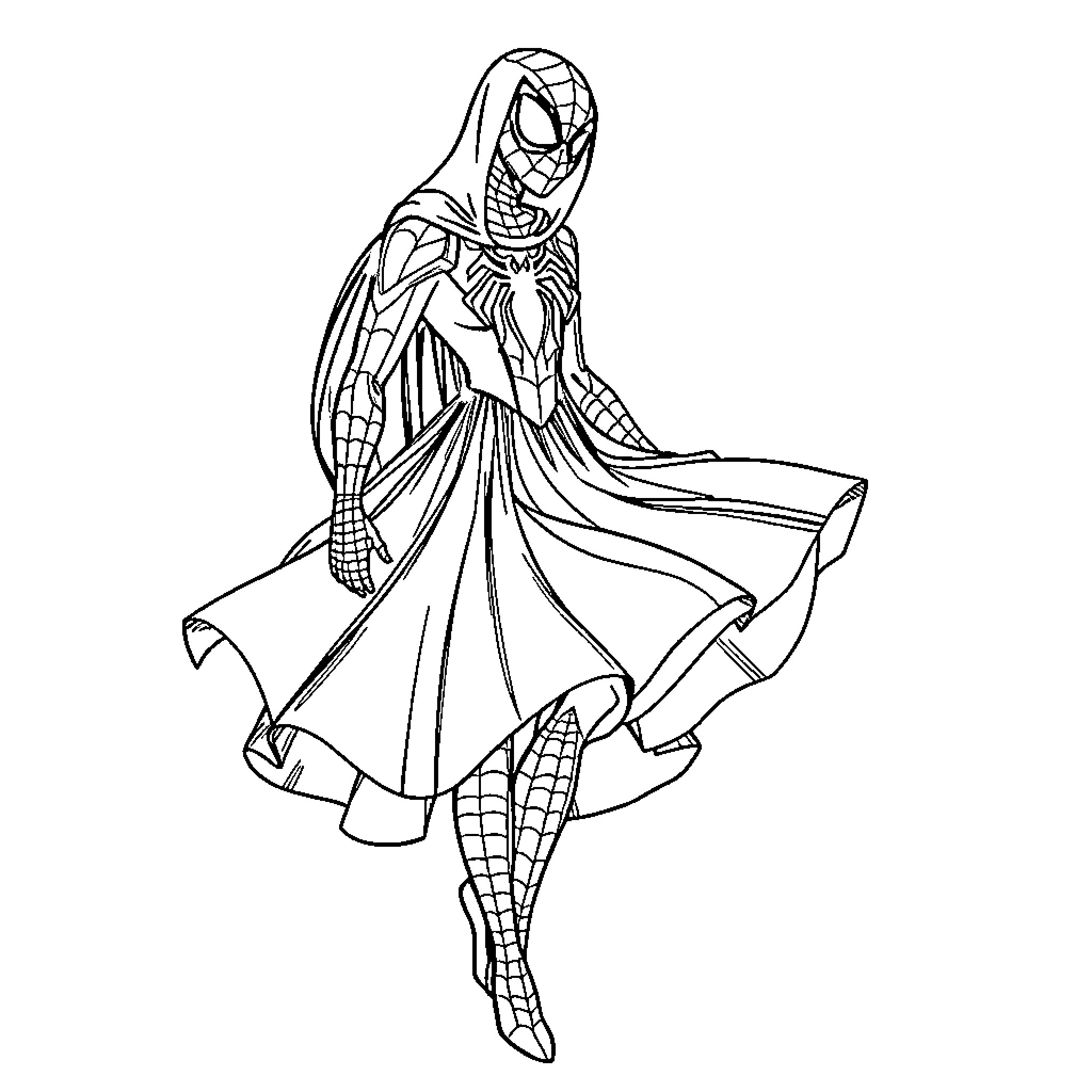 Spider-Man Heroic Pose with Flowing Cloak Coloring Page (free black-and-white line drawing printable PDF for all, from beginners to advanced learners, including children, teens, adults, and seniors)