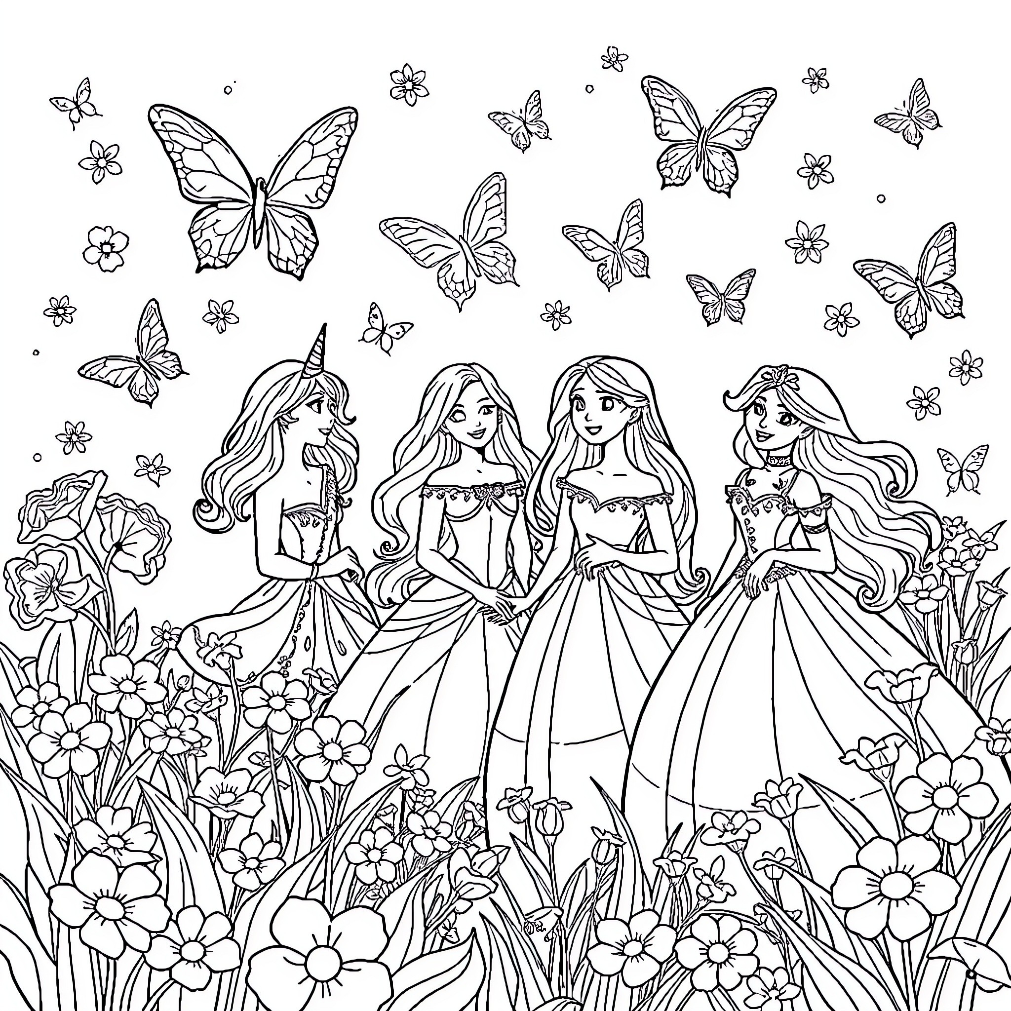 Unicorn princesses surrounded by butterflies and flowers Coloring Page (free black-and-white line drawing printable PDF for all, from beginners to advanced learners, including children, teens, adults, and seniors)