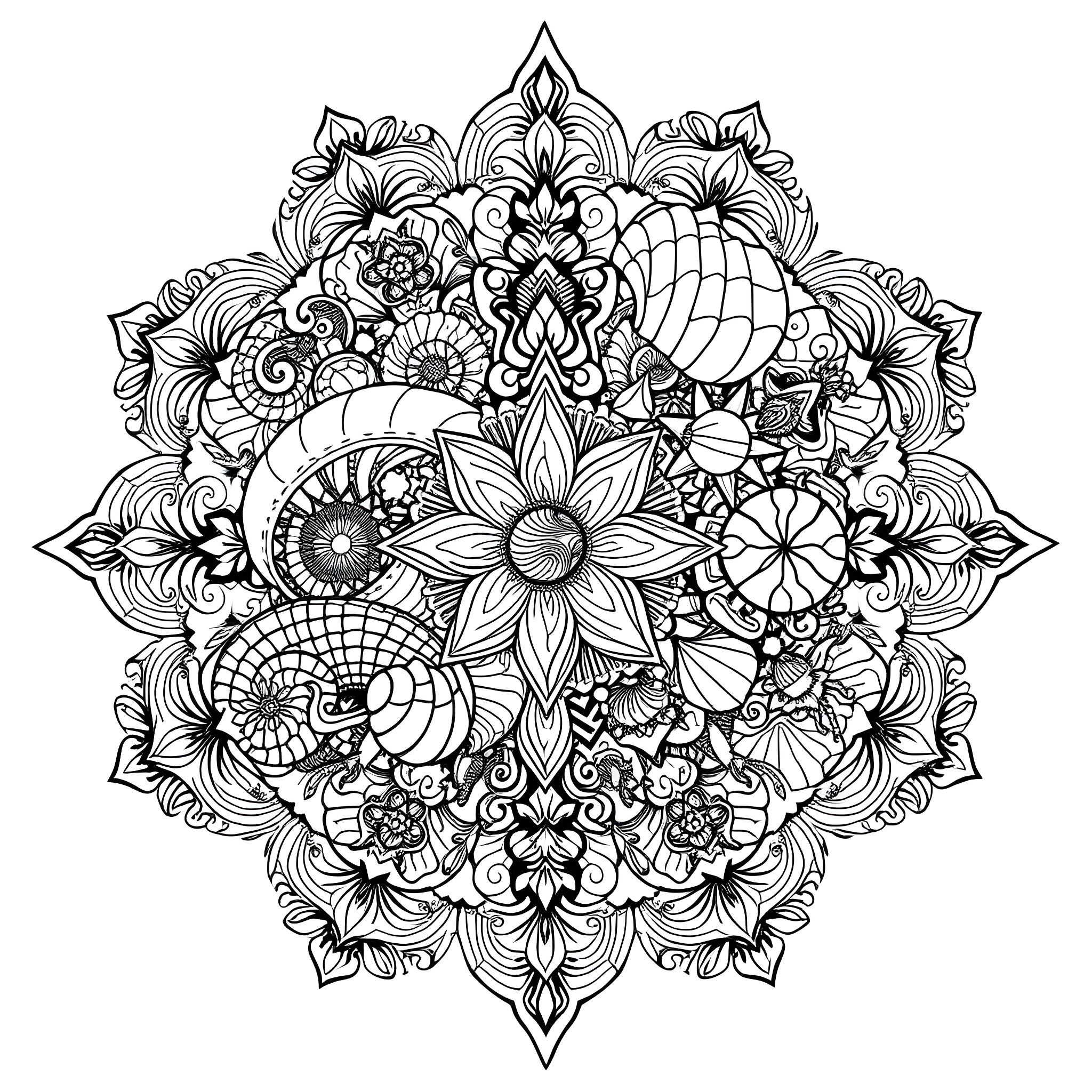 Mandala of Intricate Floral Designs Coloring Page (free black-and-white line drawing printable PDF for all, from beginners to advanced learners, including children, teens, adults, and seniors)