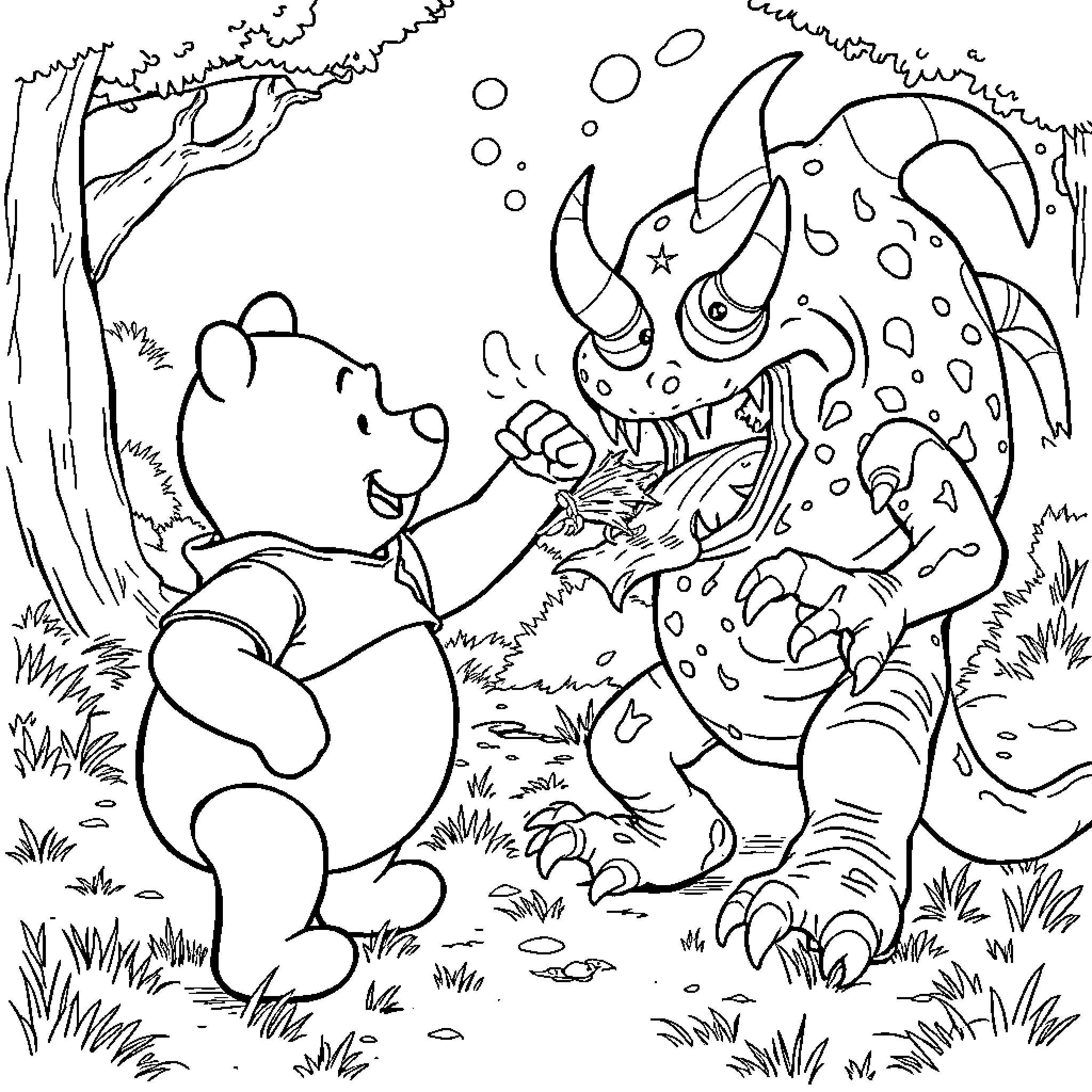 Pooh Bear exploring the forest with a creature Coloring Page (free black-and-white line drawing printable PDF for all, from beginners to advanced learners, including children, teens, adults, and seniors)