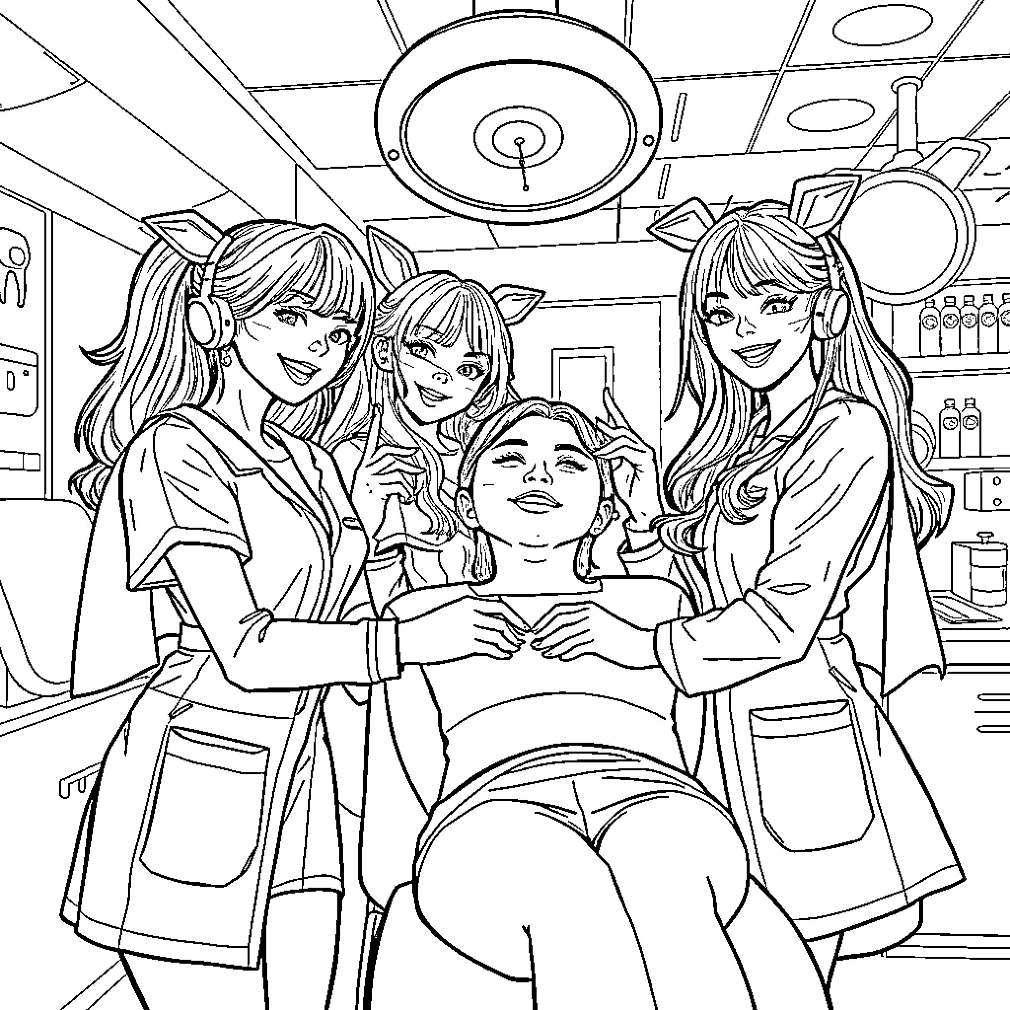 Guerrera: Brave Women Caring for Patient in Medical Setting Coloring Page (free black-and-white line drawing printable PDF for all, from beginners to advanced learners, including children, teens, adults, and seniors)
