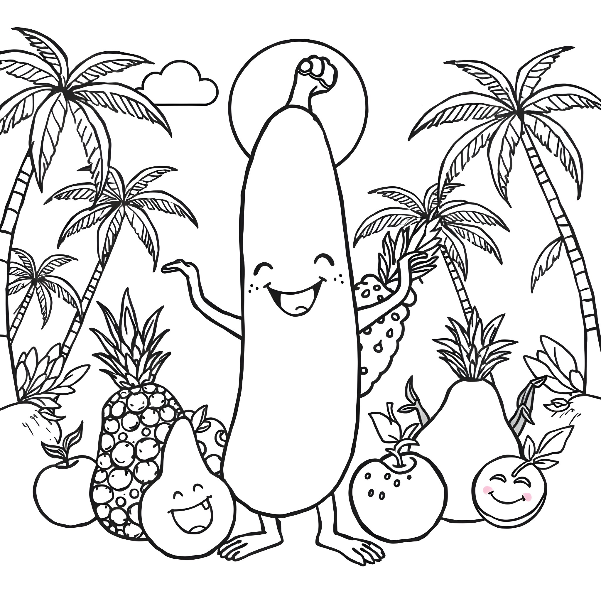 Banana characters enjoying tropical paradise Coloring Page (free black-and-white line drawing printable PDF for all, from beginners to advanced learners, including children, teens, adults, and seniors)