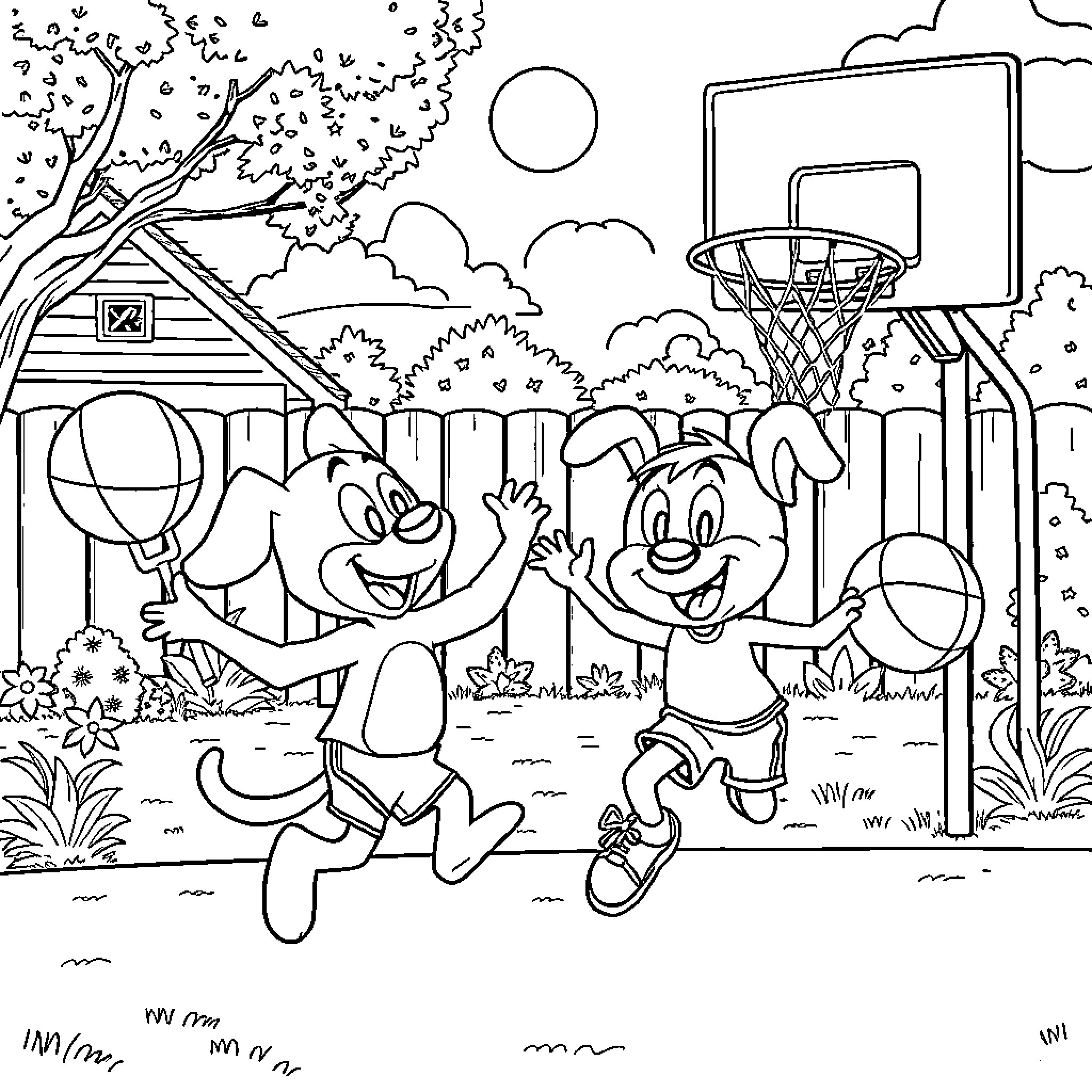 Bluey and friends playing basketball in the yard Coloring Page (free black-and-white line drawing printable PDF for all, from beginners to advanced learners, including children, teens, adults, and seniors)