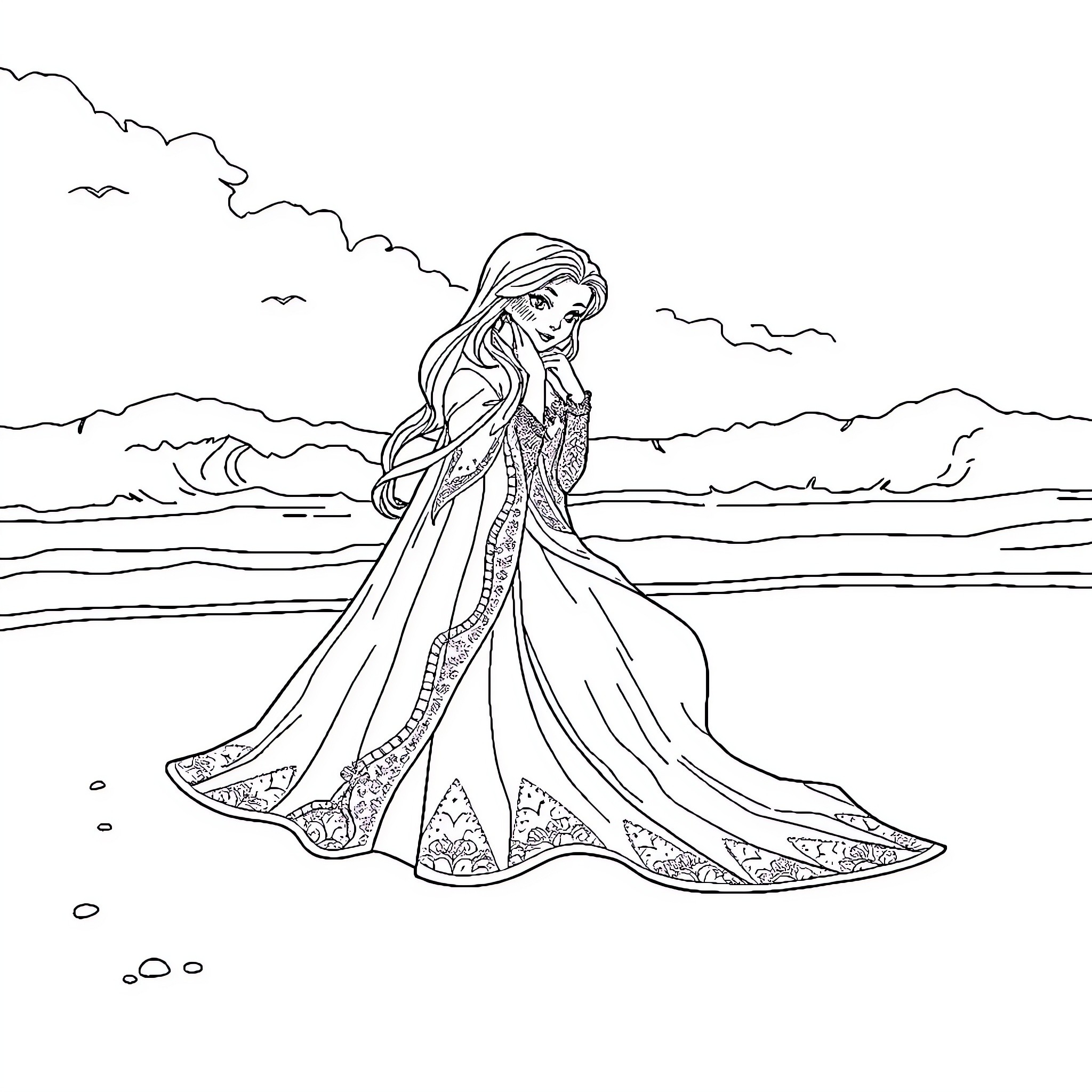 Snow Queen exploring the winter landscape Coloring Page (free black-and-white line drawing printable PDF for all, from beginners to advanced learners, including children, teens, adults, and seniors)