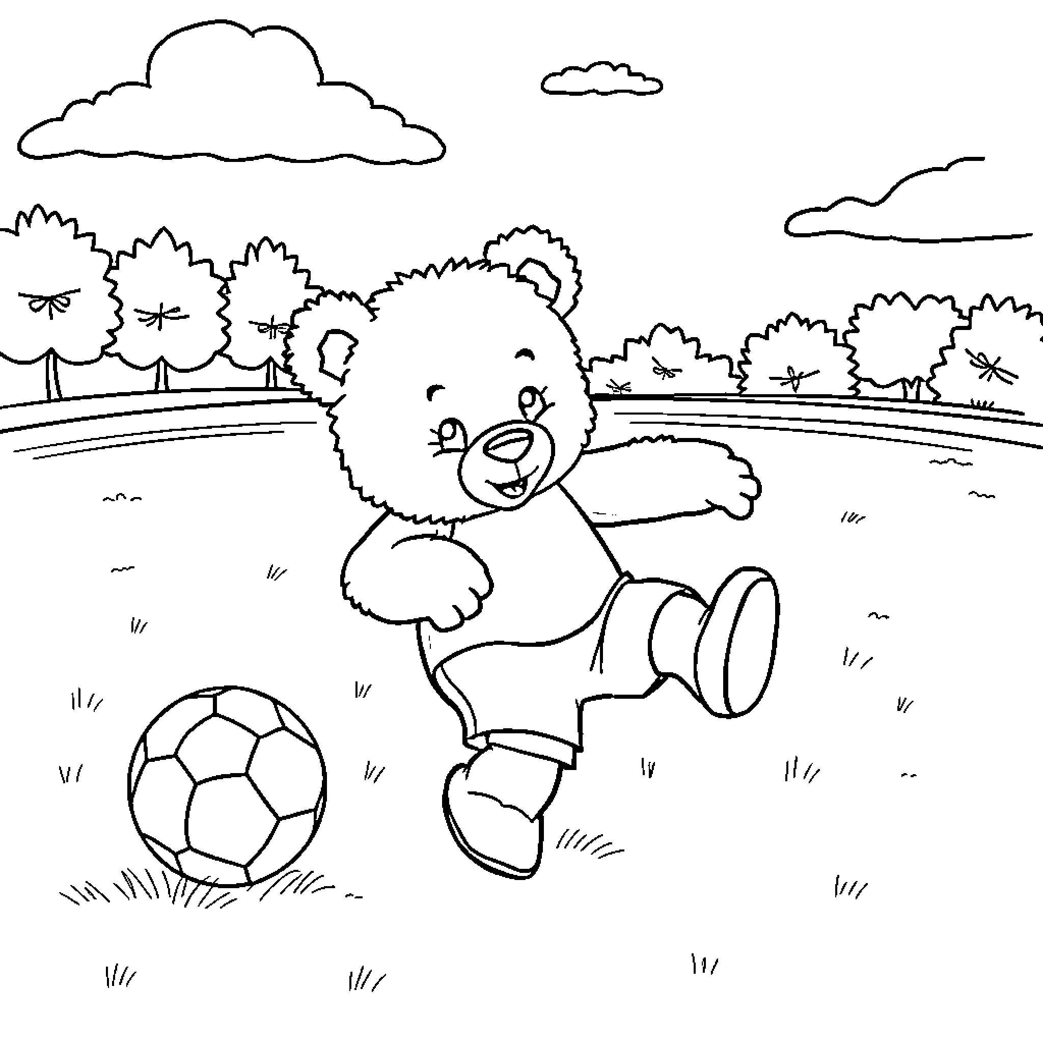 Teddy Bear playing joyfully with soccer ball Coloring Page (free black-and-white line drawing printable PDF for all, from beginners to advanced learners, including children, teens, adults, and seniors)