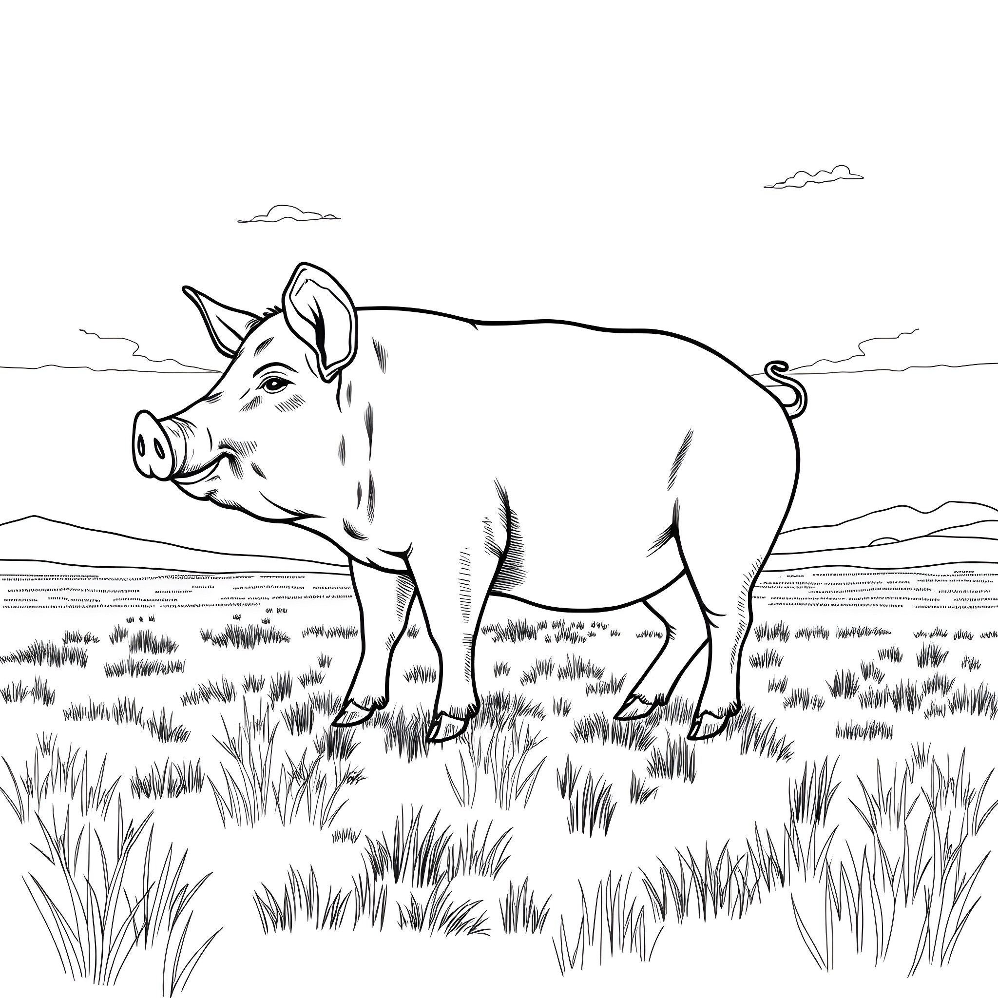 Pig standing in a grassy field Coloring Page (free black-and-white line drawing printable PDF for all, from beginners to advanced learners, including children, teens, adults, and seniors)