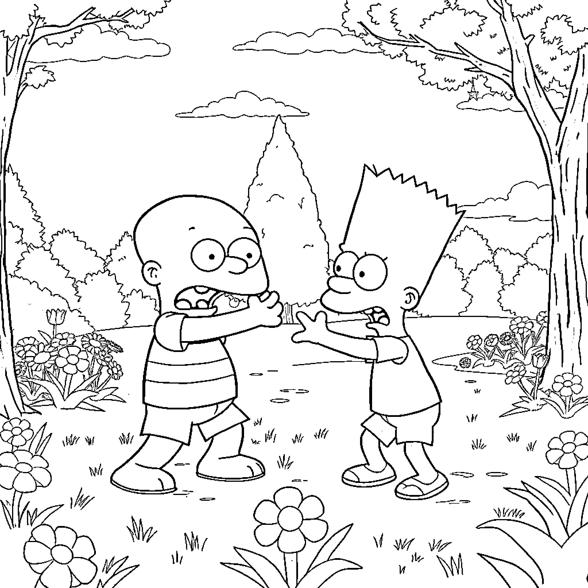 Stewie Griffin and Bart Simpson playing together in the park Coloring Page (free black-and-white line drawing printable PDF for all, from beginners to advanced learners, including children, teens, adults, and seniors)