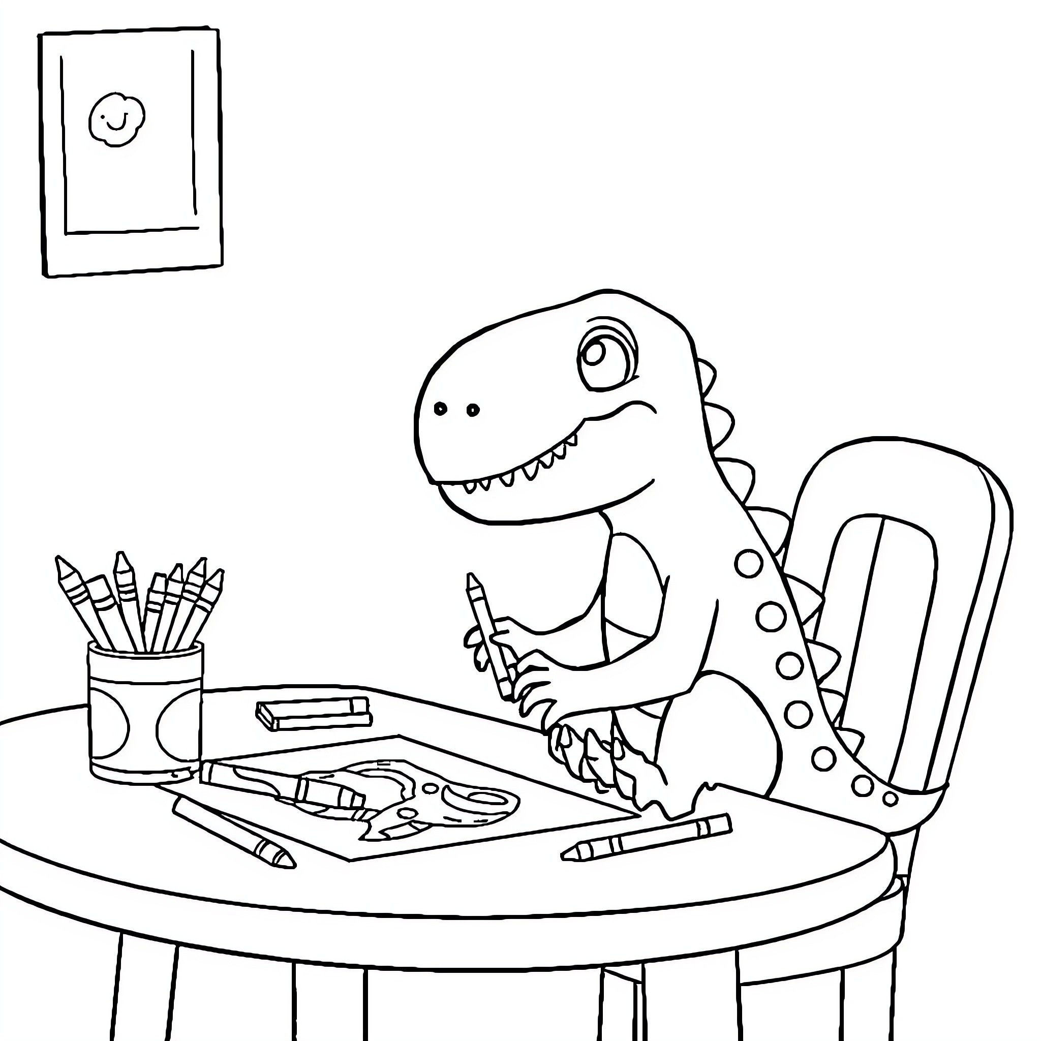 Dinosaur drawing and coloring at desk Coloring Page (free black-and-white line drawing printable PDF for all, from beginners to advanced learners, including children, teens, adults, and seniors)