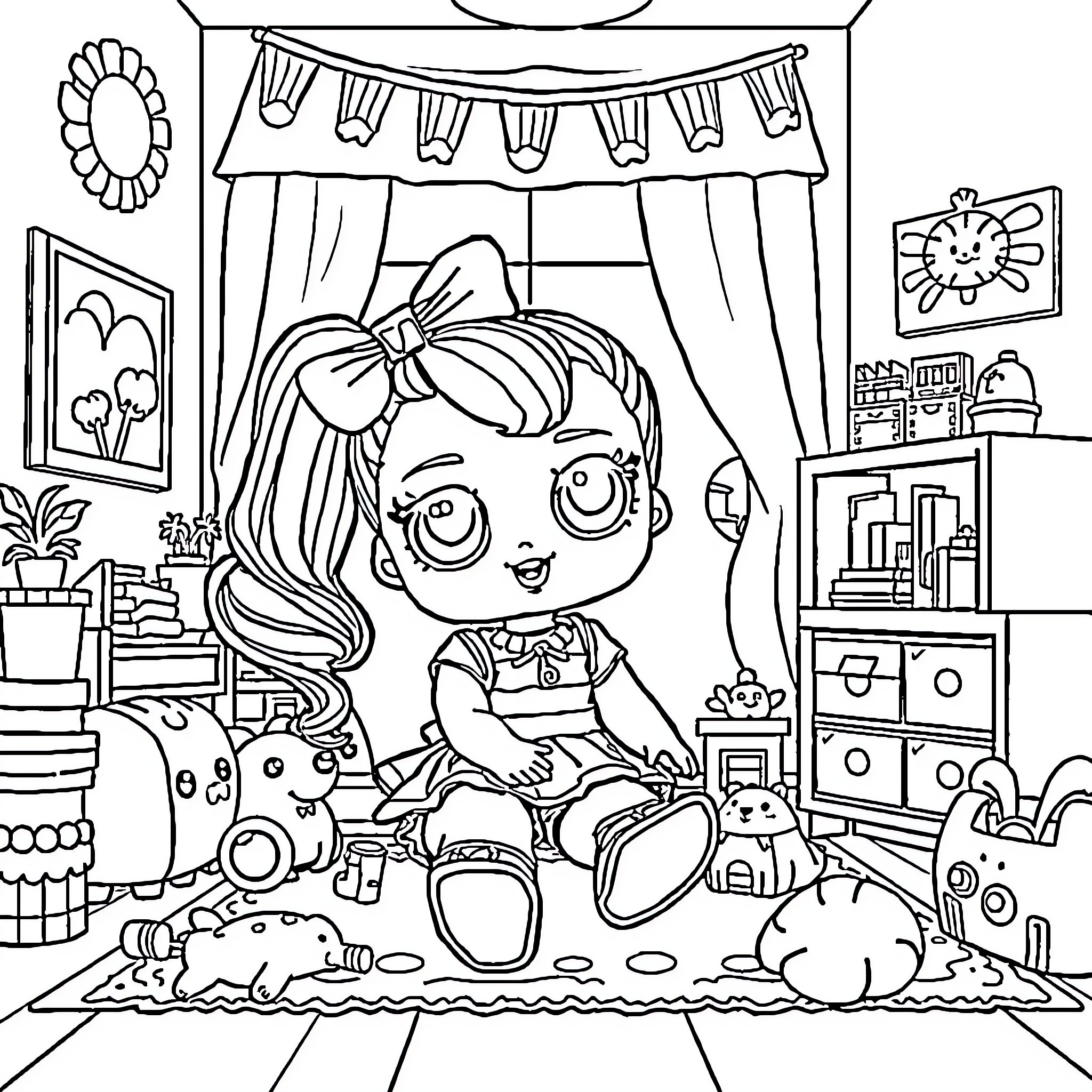 Lol Doll playing in her colorful room Coloring Page (free black-and-white line drawing printable PDF for all, from beginners to advanced learners, including children, teens, adults, and seniors)