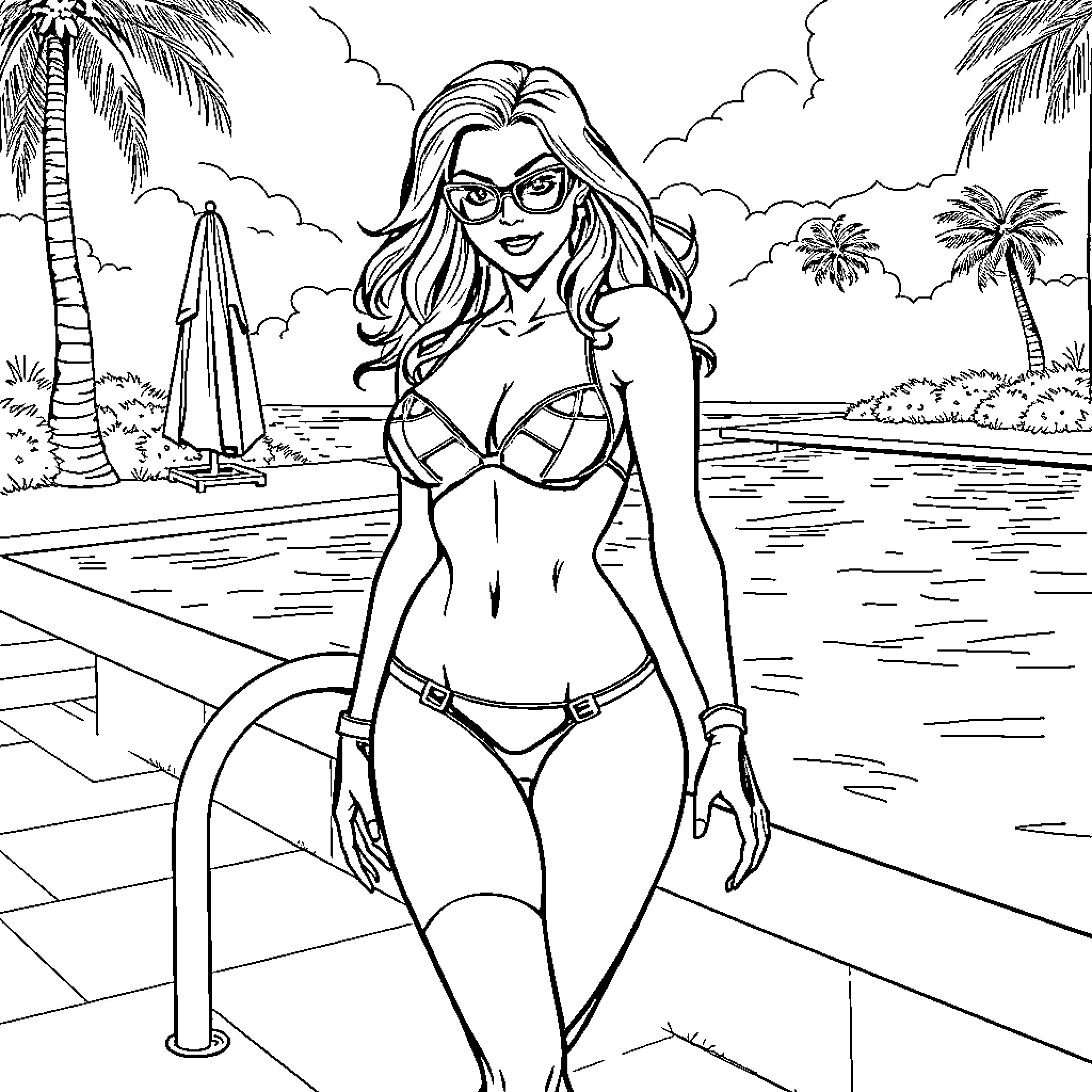 Black Widow in Tropical Beach Attire Coloring Page (free black-and-white line drawing printable PDF for all, from beginners to advanced learners, including children, teens, adults, and seniors)