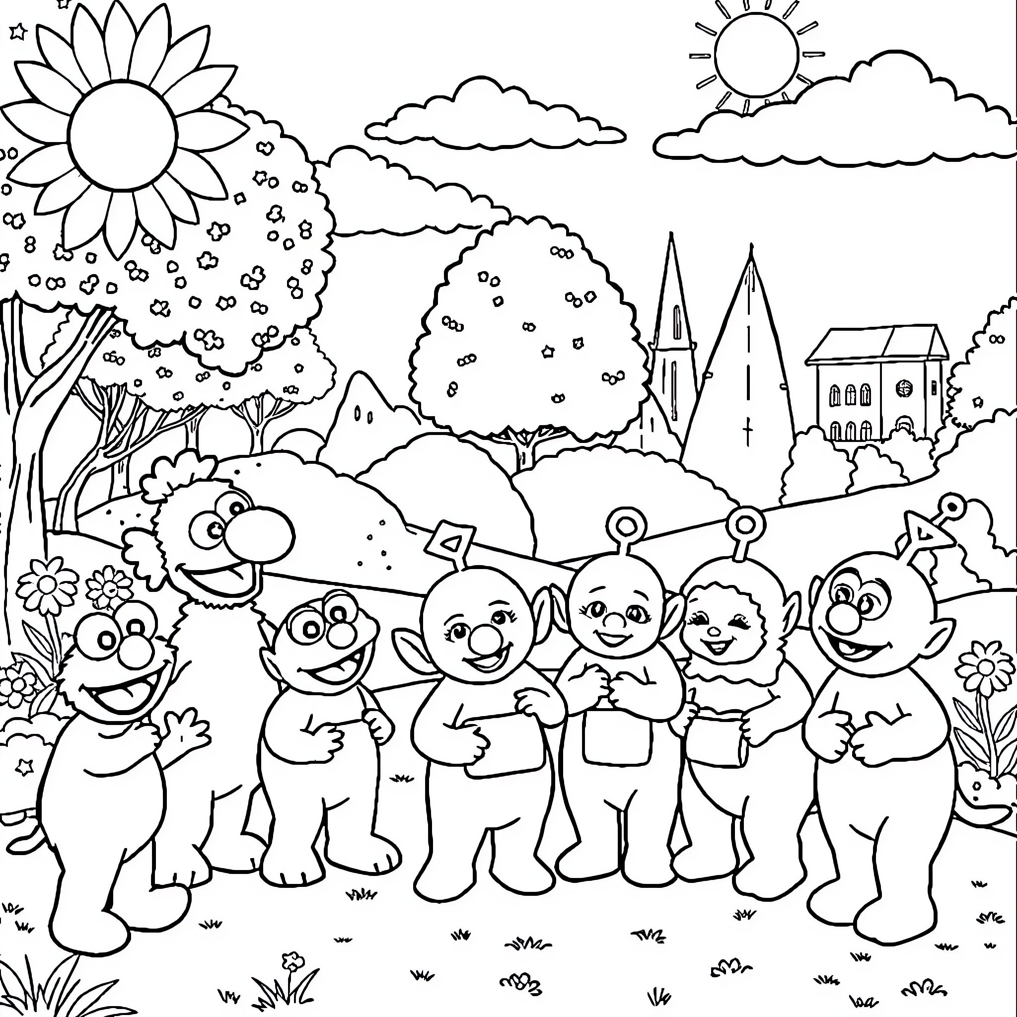 Sesame Street friends enjoying a sunny day together Coloring Page (free black-and-white line drawing printable PDF for all, from beginners to advanced learners, including children, teens, adults, and seniors)