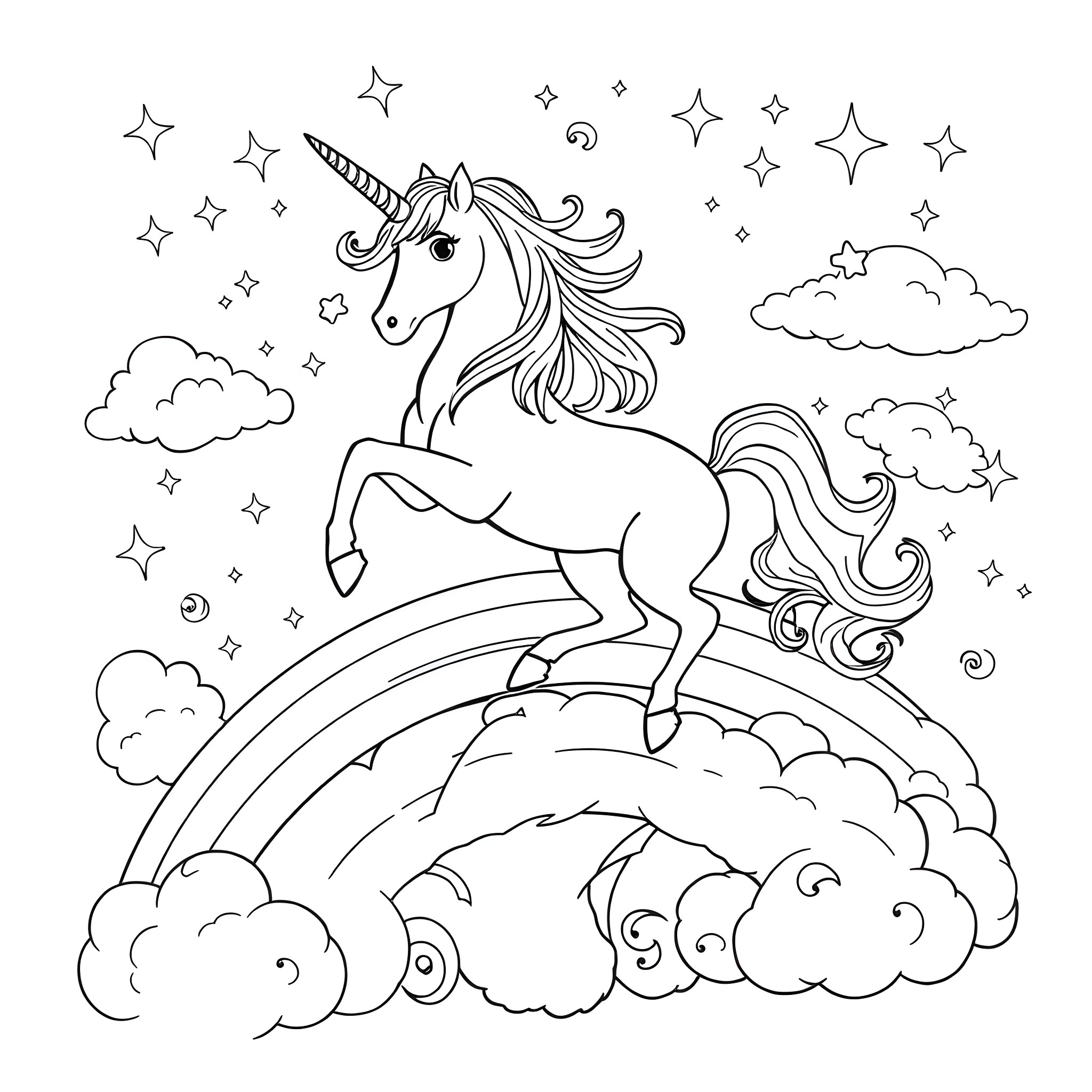 Unicorn prancing across a rainbow in the starry sky Coloring Page (free black-and-white line drawing printable PDF for all, from beginners to advanced learners, including children, teens, adults, and seniors)