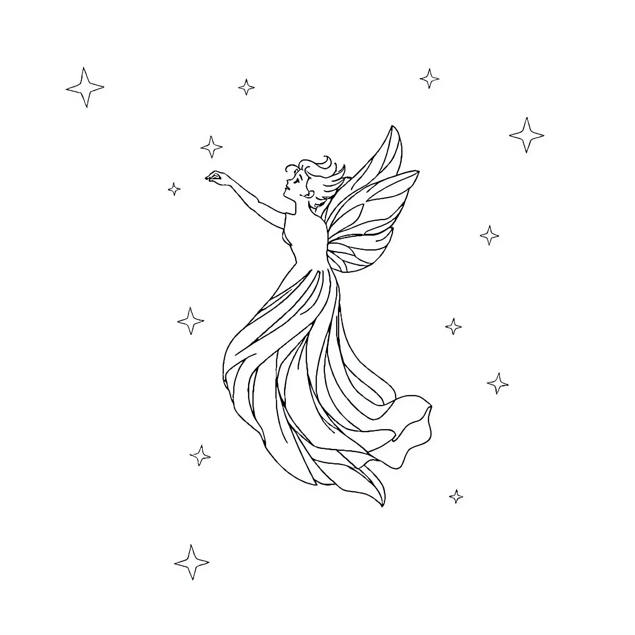 Flying Sword Fairy Floating in Starry Night Coloring Page (free black-and-white line drawing printable PDF for all, from beginners to advanced learners, including children, teens, adults, and seniors)