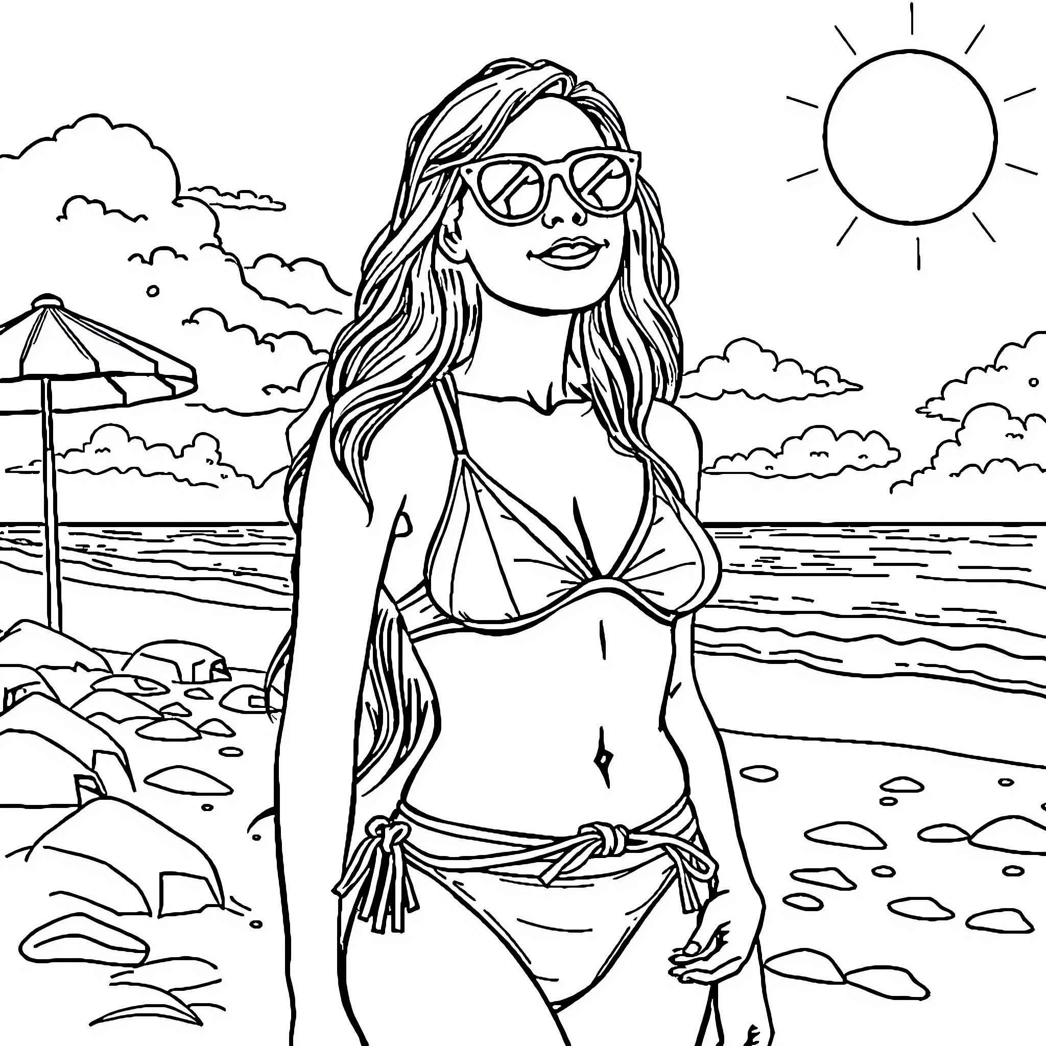 Girl enjoying a sunny day at the beach Coloring Page (free black-and-white line drawing printable PDF for all, from beginners to advanced learners, including children, teens, adults, and seniors)