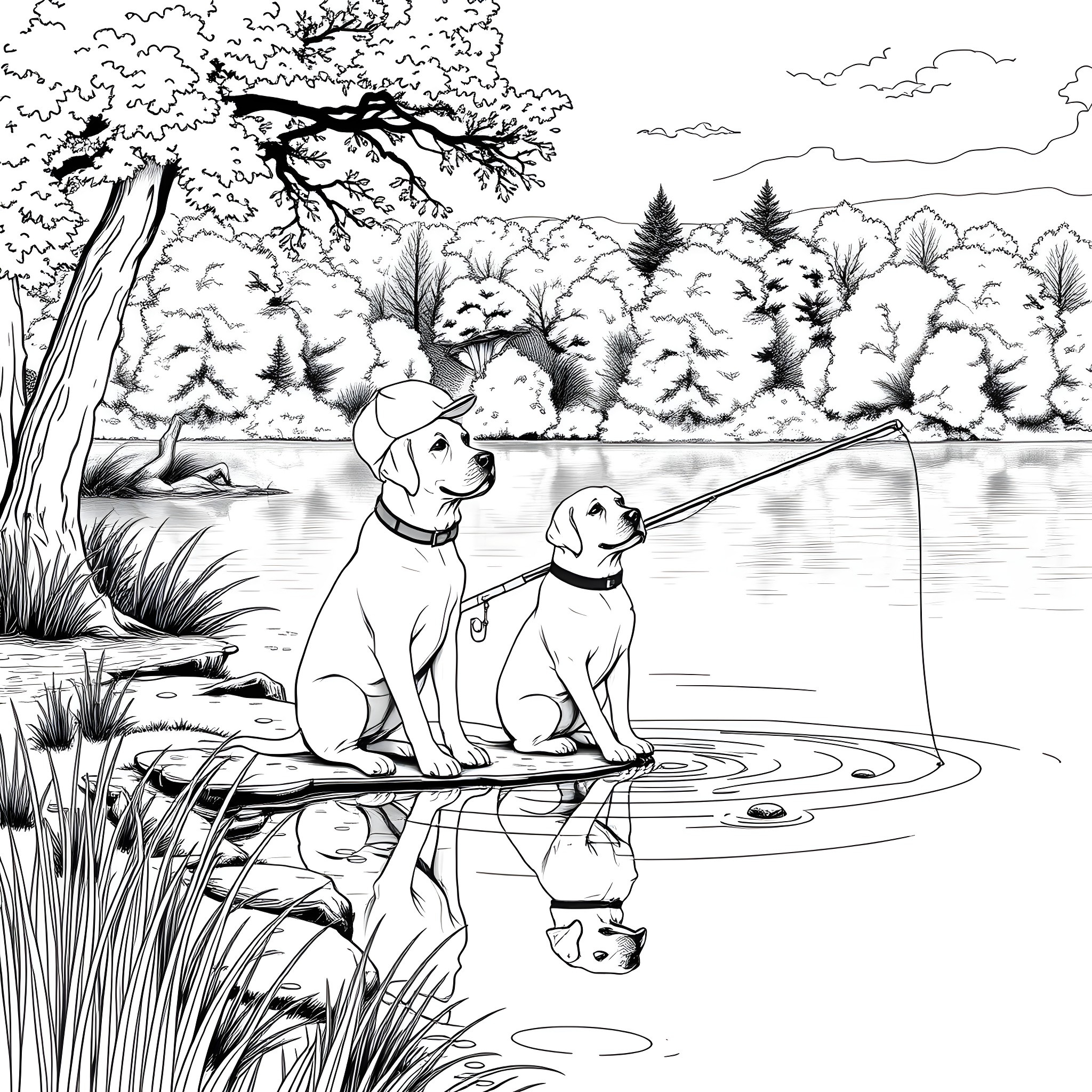 Labrador dogs fishing on the lakeside Coloring Page (free black-and-white line drawing printable PDF for all, from beginners to advanced learners, including children, teens, adults, and seniors)