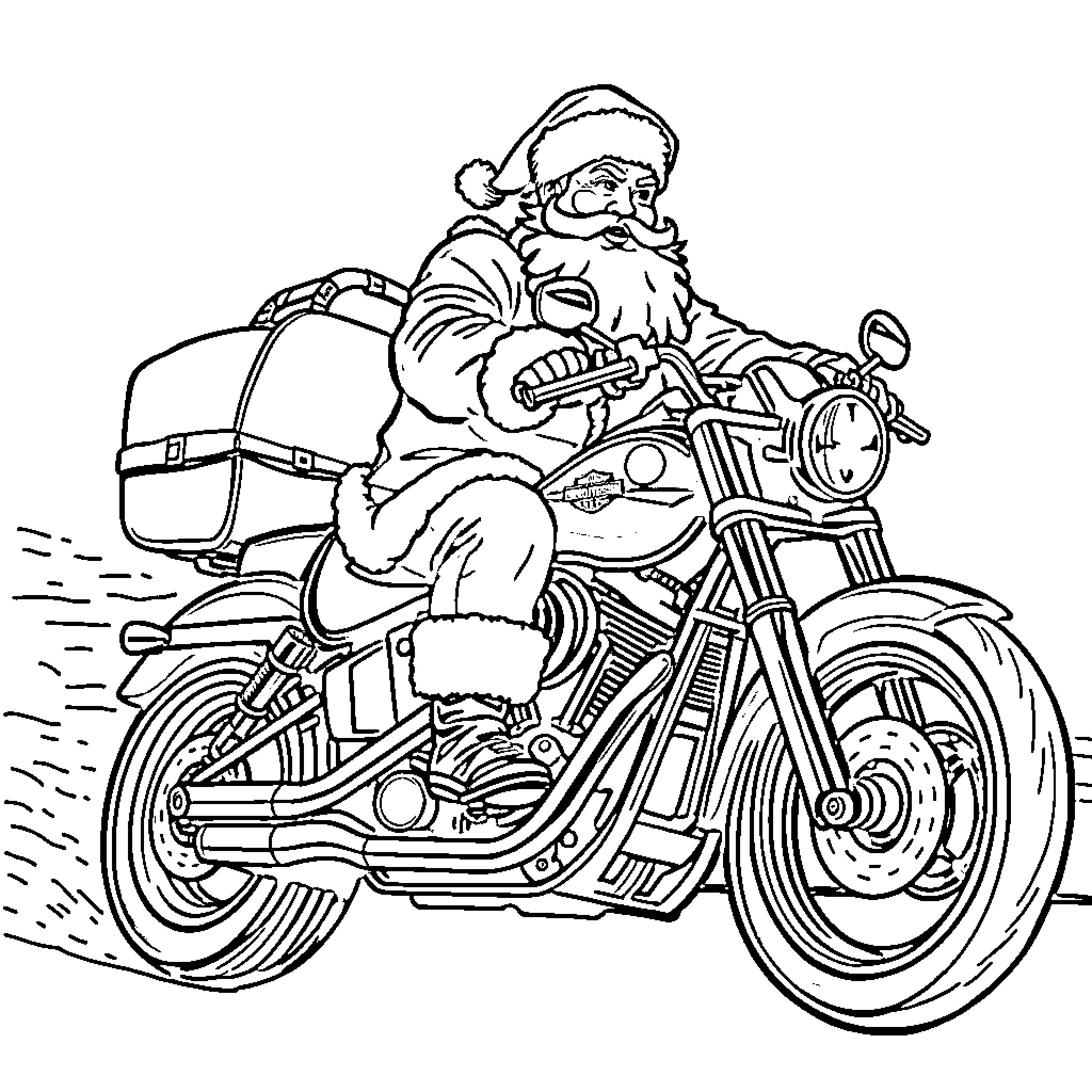 Santa riding a motorcycle with a sack Coloring Page (free black-and-white line drawing printable PDF for all, from beginners to advanced learners, including children, teens, adults, and seniors)
