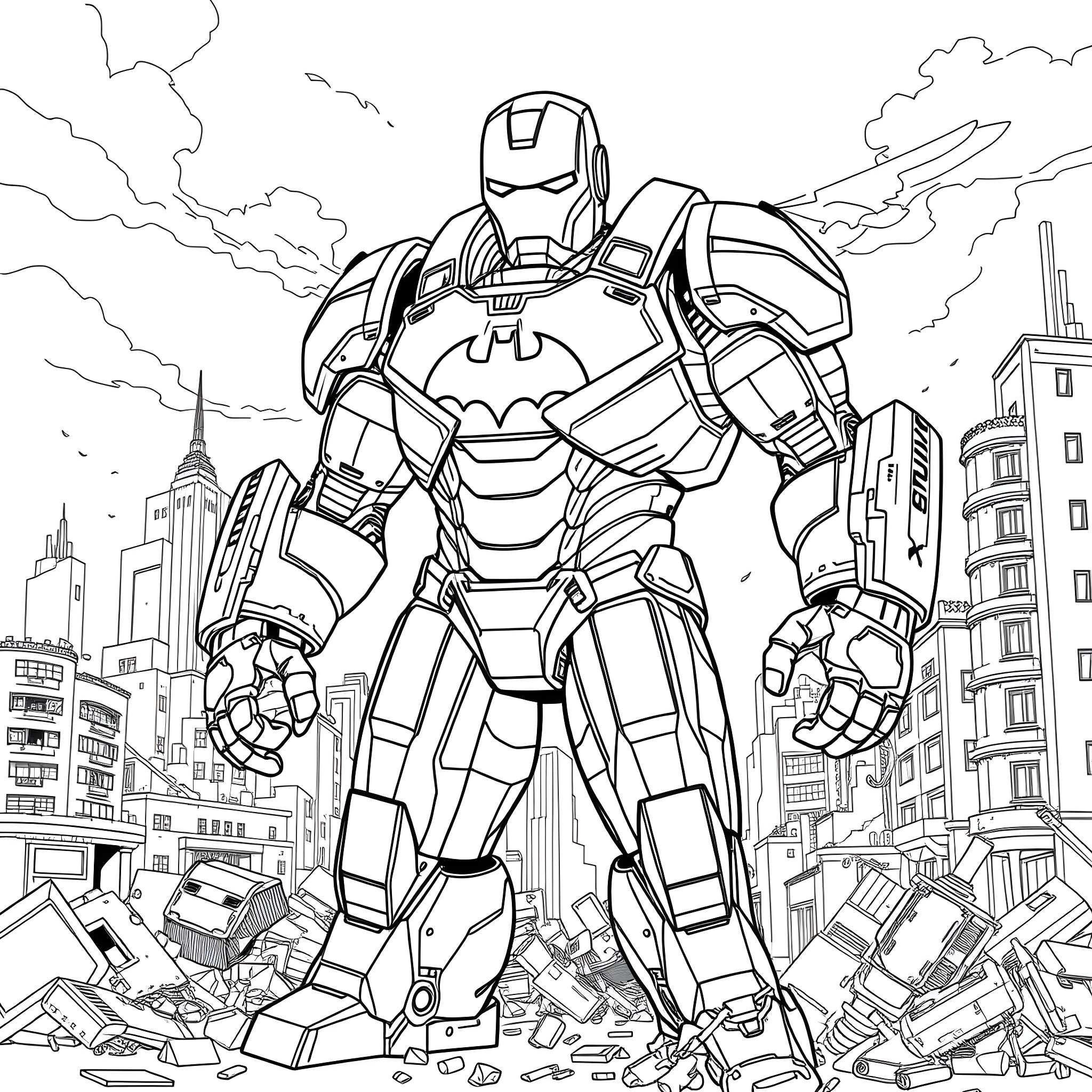 Batman Stands Tall Amidst the Rubble Coloring Page (free black-and-white line drawing printable PDF for all, from beginners to advanced learners, including children, teens, adults, and seniors)