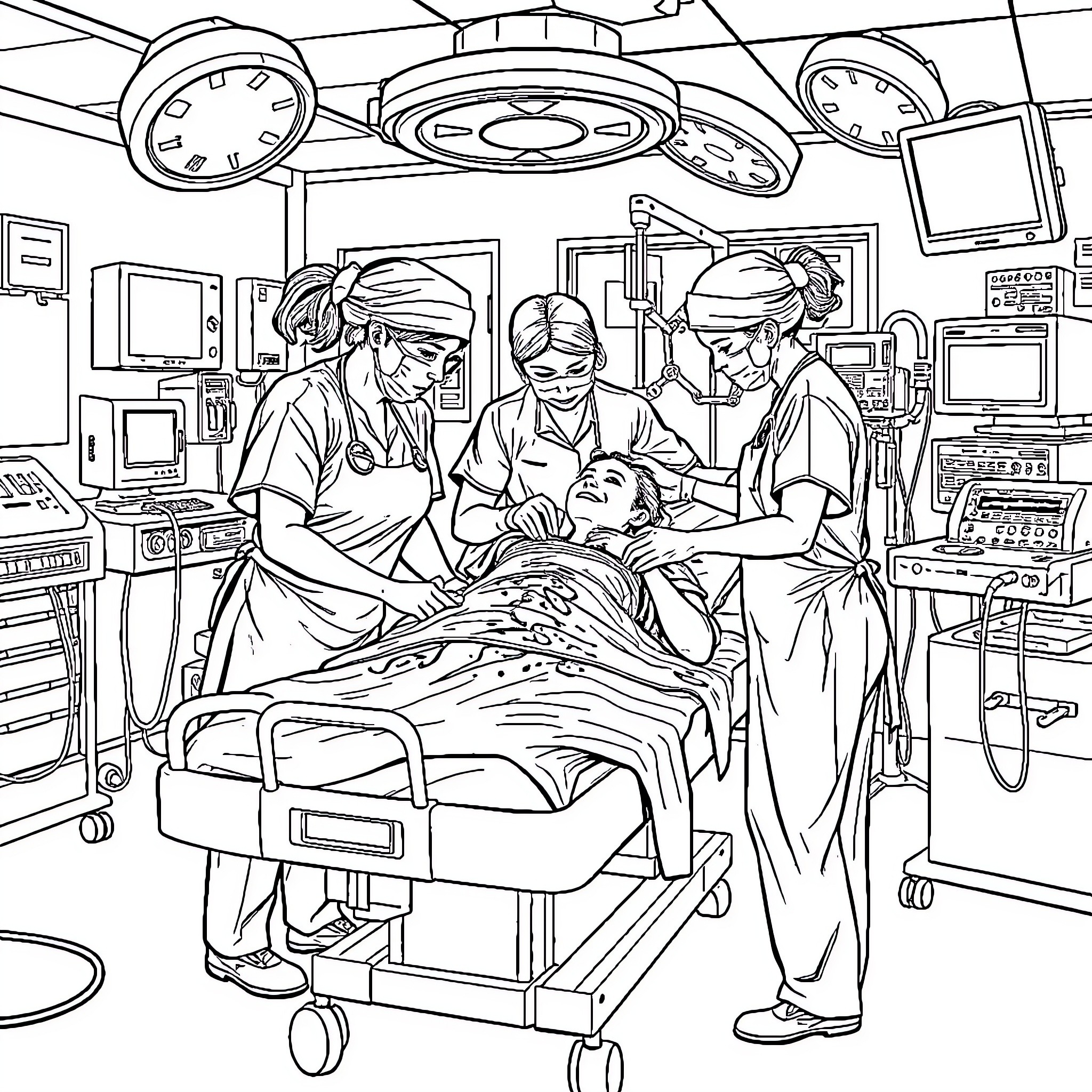 Nurses Providing Medical Care in an Operating Room Coloring Page (free black-and-white line drawing printable PDF for all, from beginners to advanced learners, including children, teens, adults, and seniors)