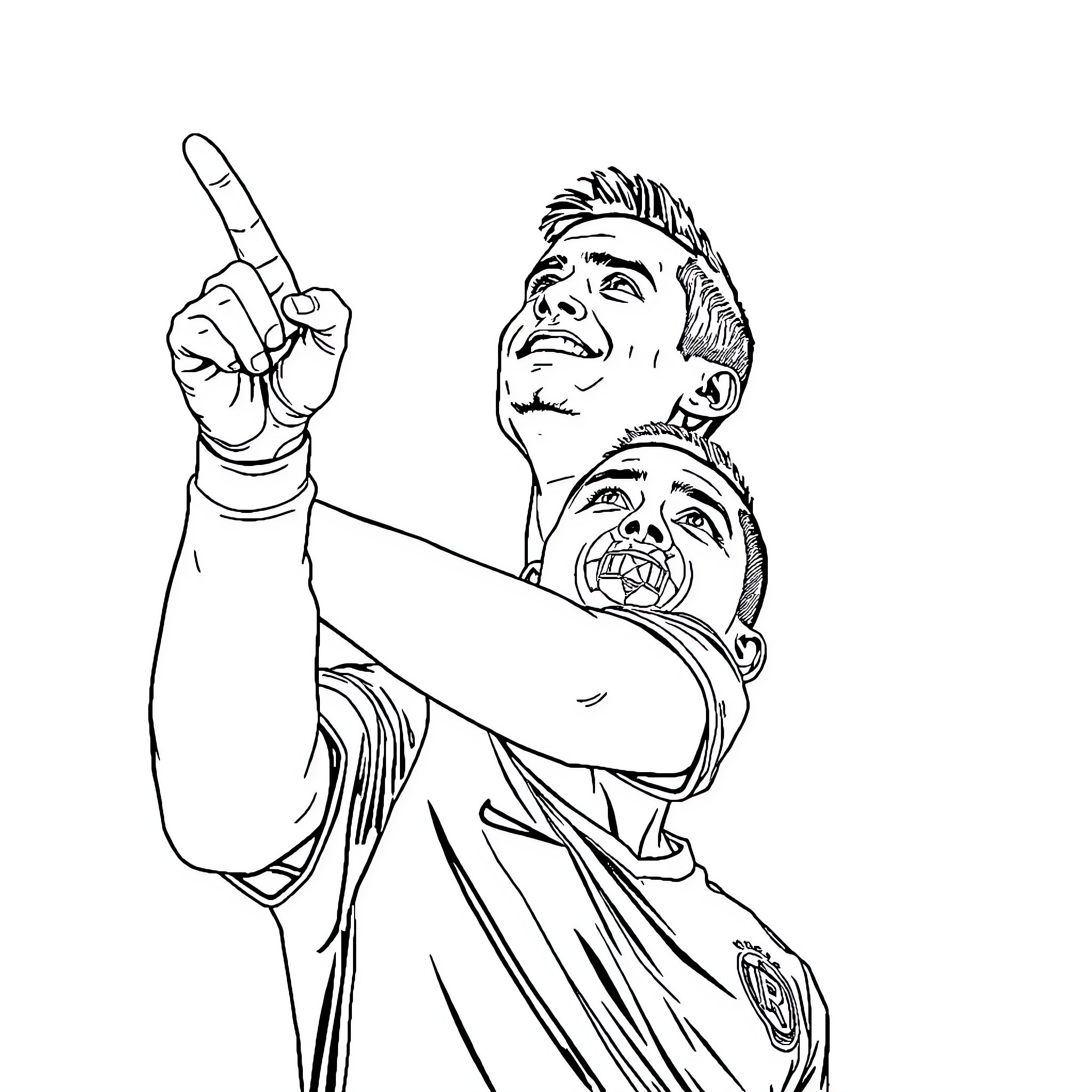 Ronaldo celebrating with teammate after scoring goal Coloring Page (free black-and-white line drawing printable PDF for all, from beginners to advanced learners, including children, teens, adults, and seniors)