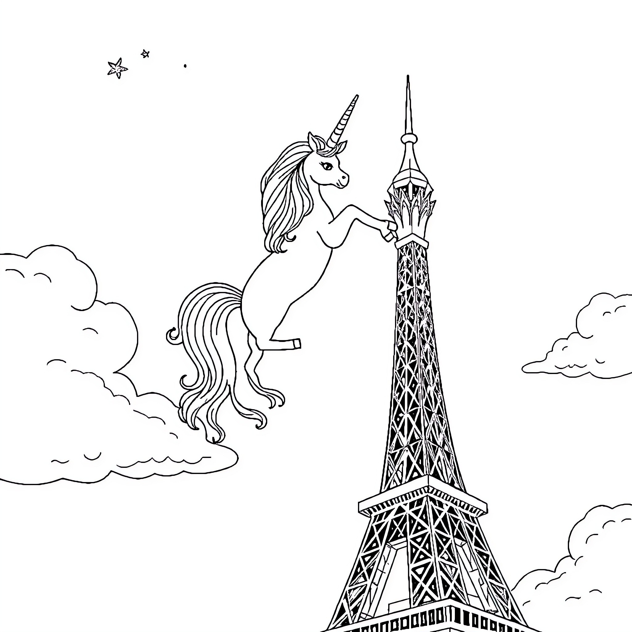 Unicorn Soaring Over the Eiffel Tower Coloring Page (free black-and-white line drawing printable PDF for all, from beginners to advanced learners, including children, teens, adults, and seniors)