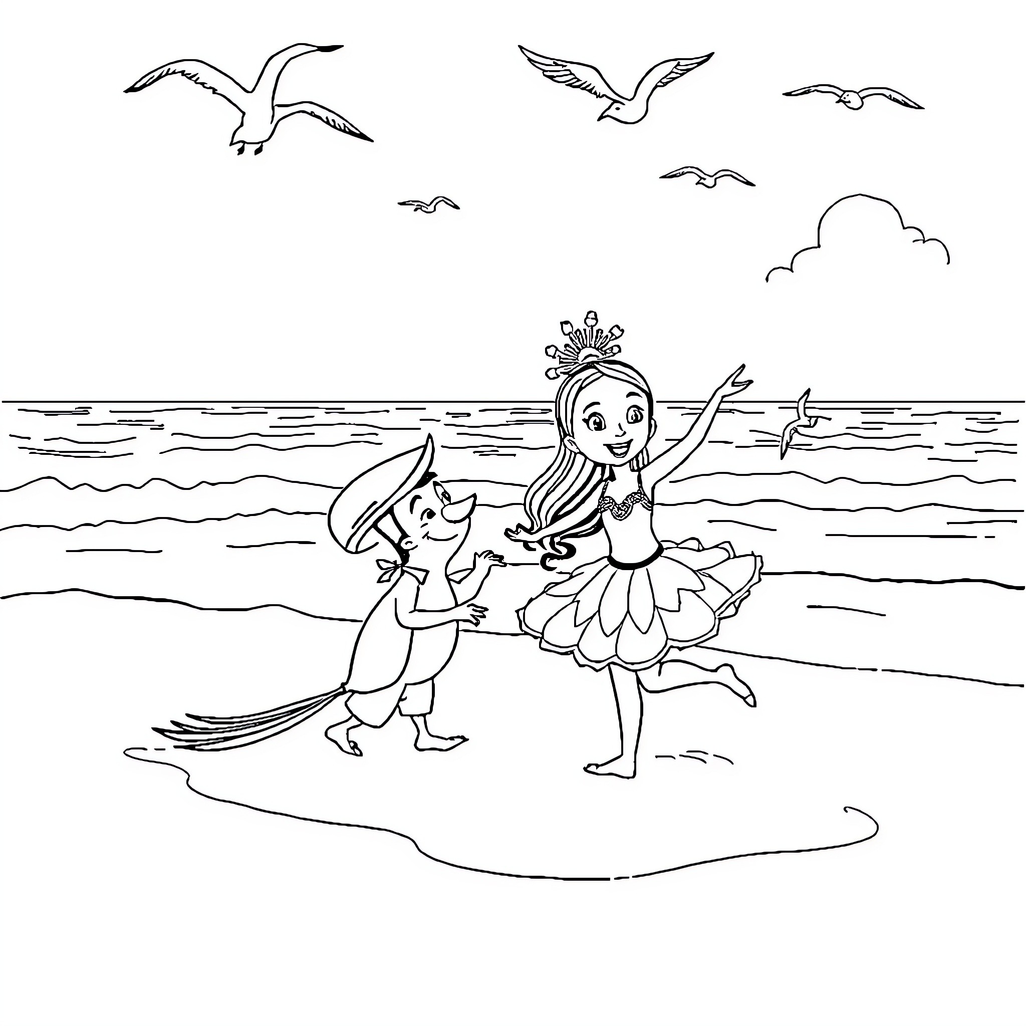 Ballerina Mermaid and Goldfish Playing in the Ocean Coloring Page (free black-and-white line drawing printable PDF for all, from beginners to advanced learners, including children, teens, adults, and seniors)