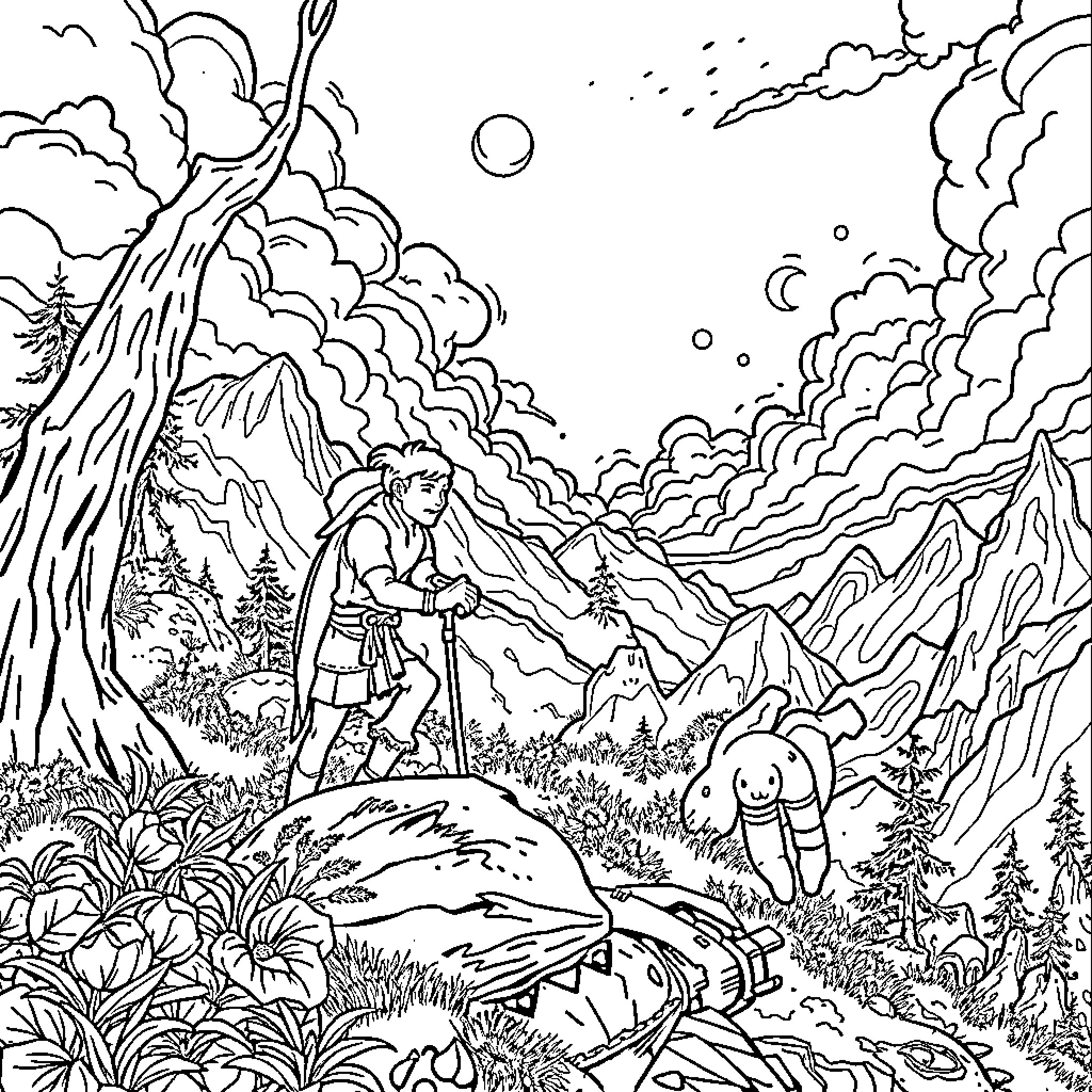 Huntrix explores fantastical mountain landscape Coloring Page (free black-and-white line drawing printable PDF for all, from beginners to advanced learners, including children, teens, adults, and seniors)