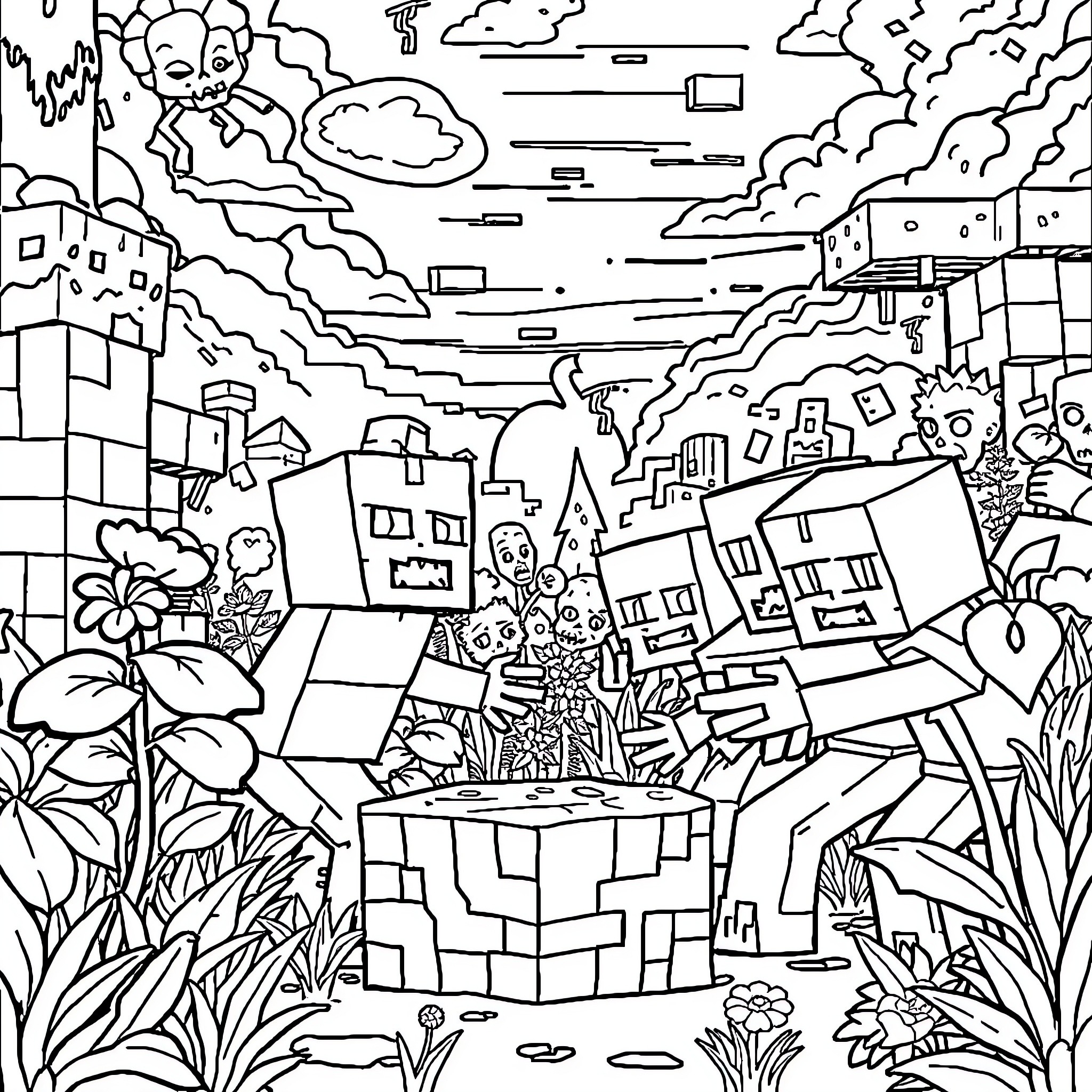 Plant-based Dreamscape with Vibrant Landscape Coloring Page (free black-and-white line drawing printable PDF for all, from beginners to advanced learners, including children, teens, adults, and seniors)