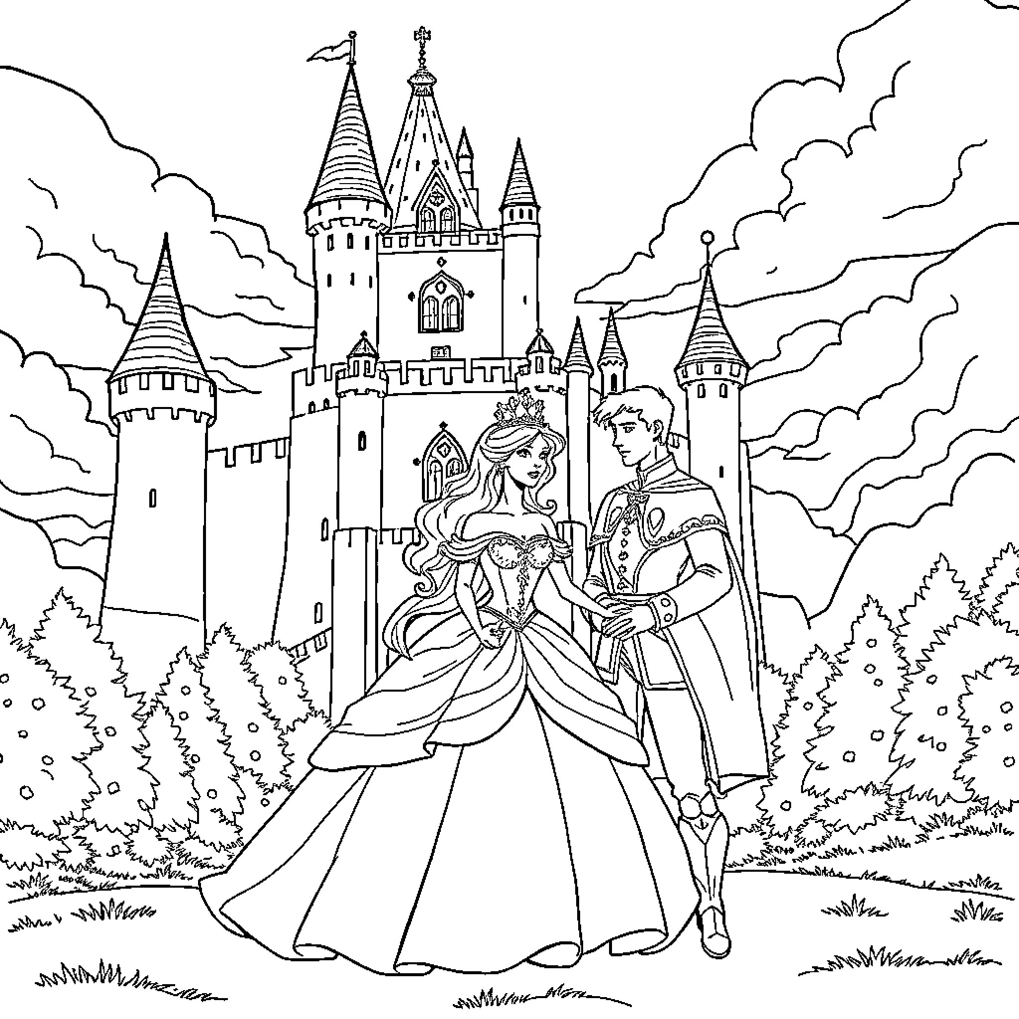 Princess and Prince in a Fairy Tale Castle Coloring Page (free black-and-white line drawing printable PDF for all, from beginners to advanced learners, including children, teens, adults, and seniors)